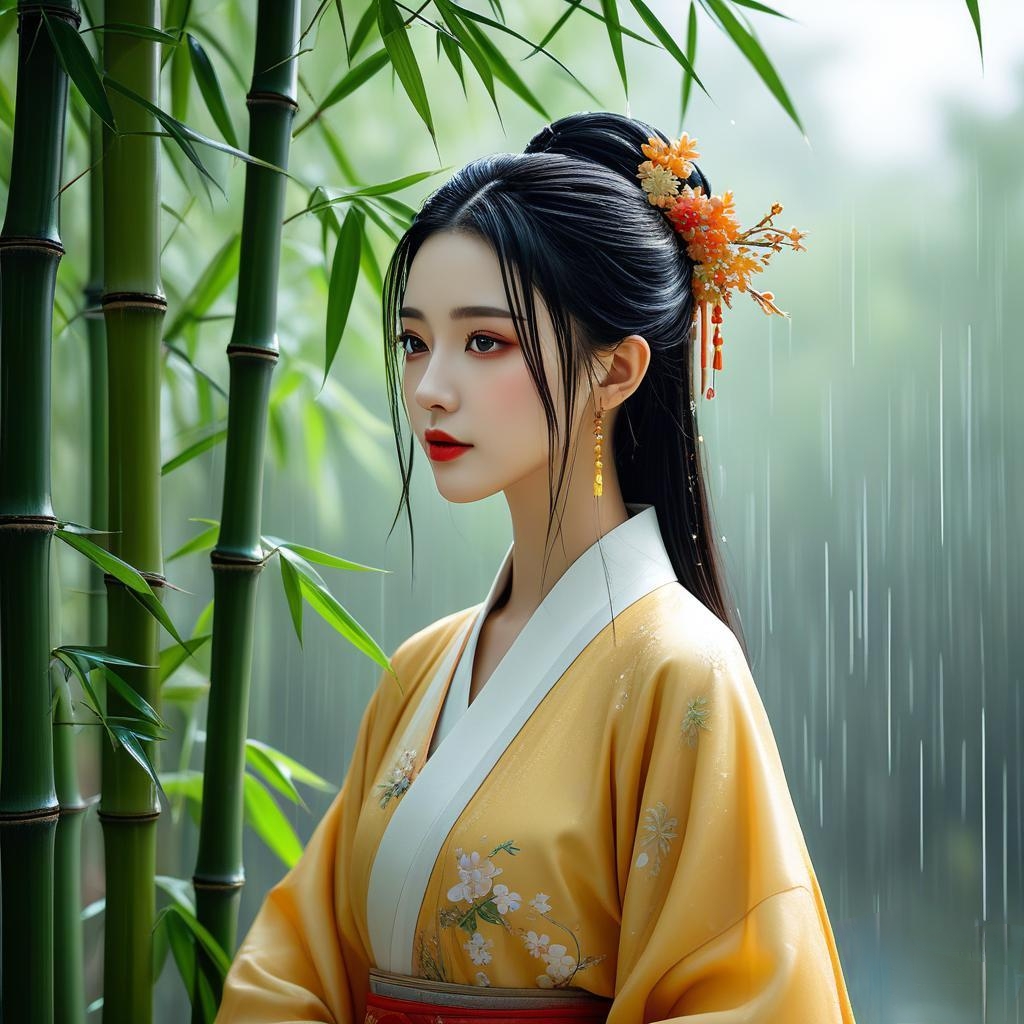 斜阳未落逐波笑,细雨忽飘点水欢. 风动丝丝悠曲奏,竹摇阵阵籁声传