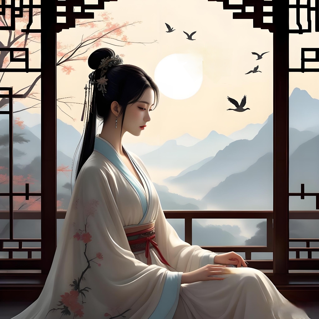 出句:披衣独守窗前月【飘逸】 对句:展翅群飞岭上