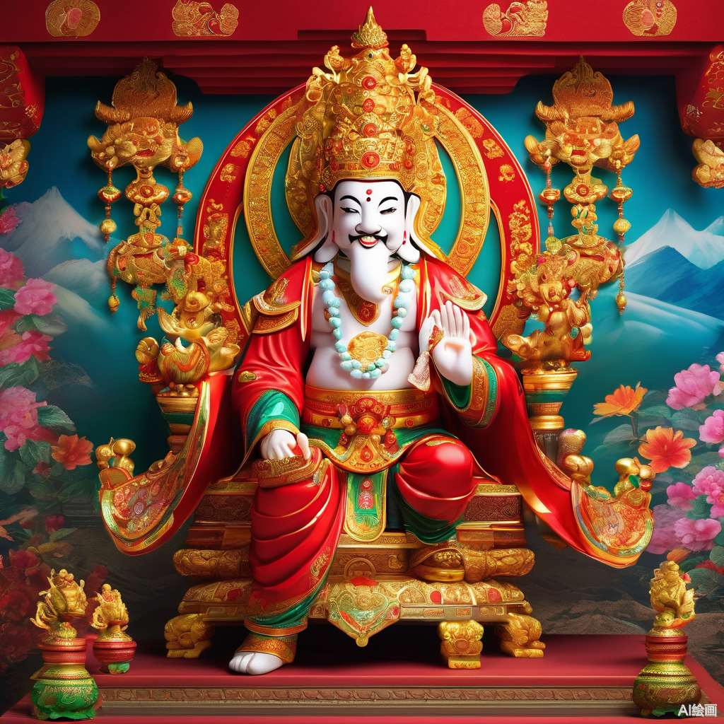 面带笑容的红衣绿帽大佛,身穿金袍,坐在雕花宝座上,双手和身上都戴着