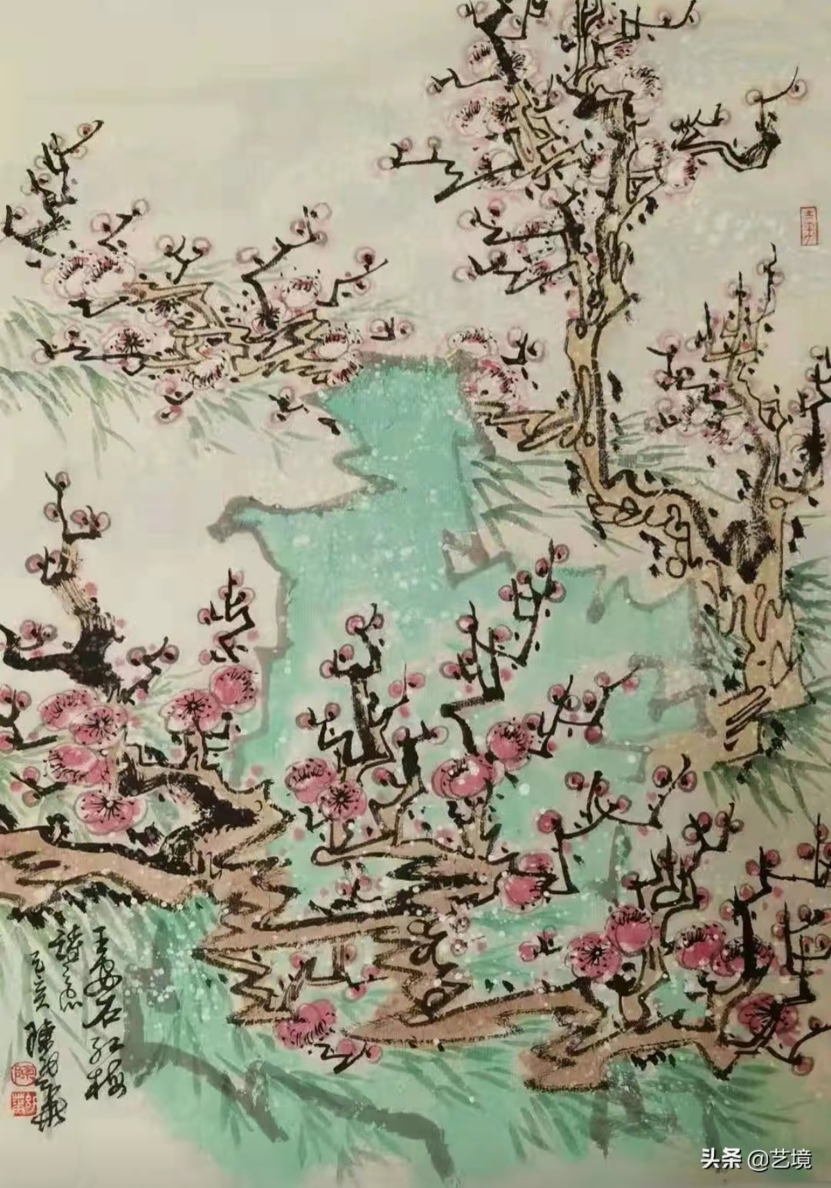 陈幼华梅花中国画作品选——梅花树下,湖水清冽,石头静谧,粉色梅花