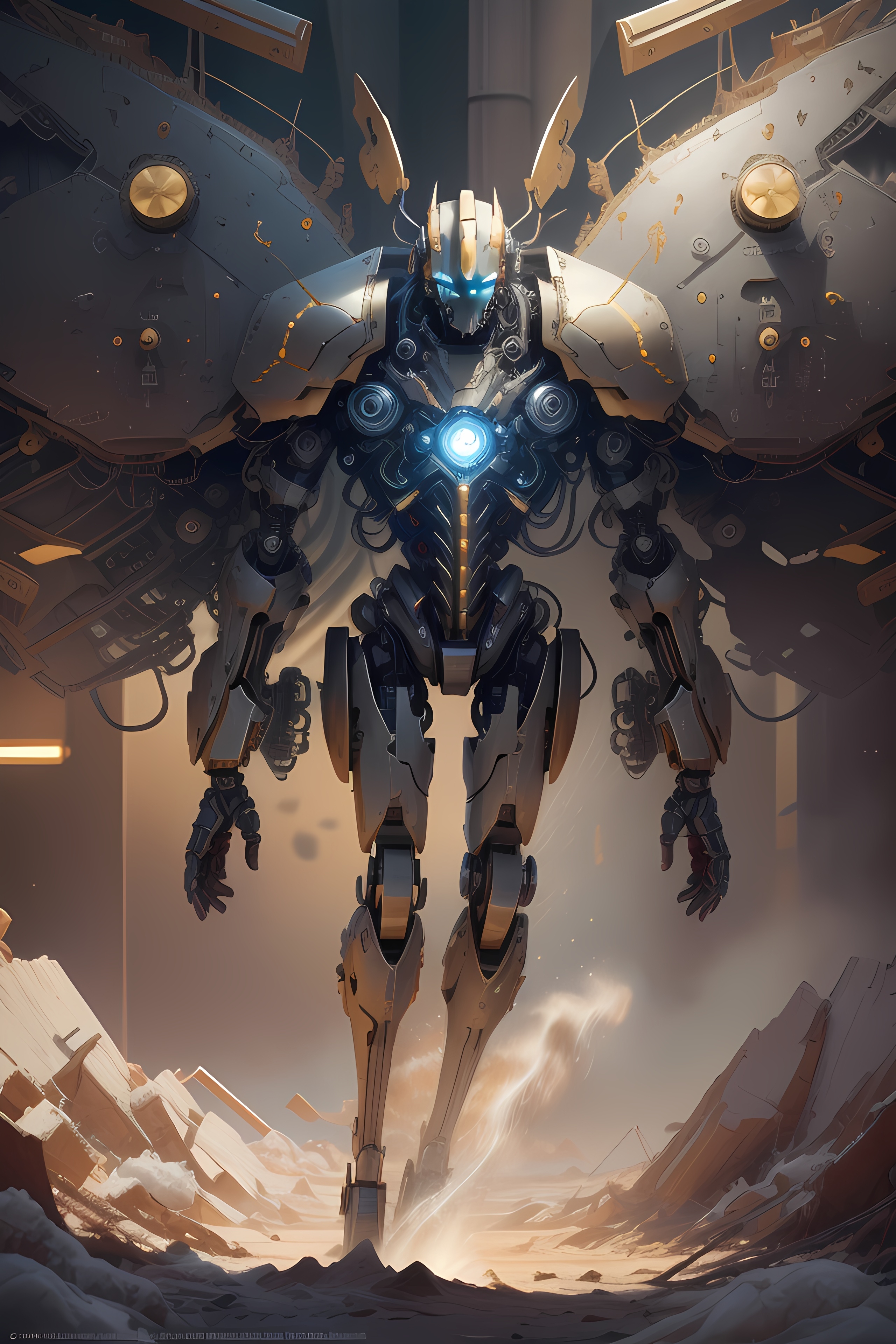 而在这辽阔的星辰之下,一位未来战士屹立不倒,他的姿态如同古老的石像