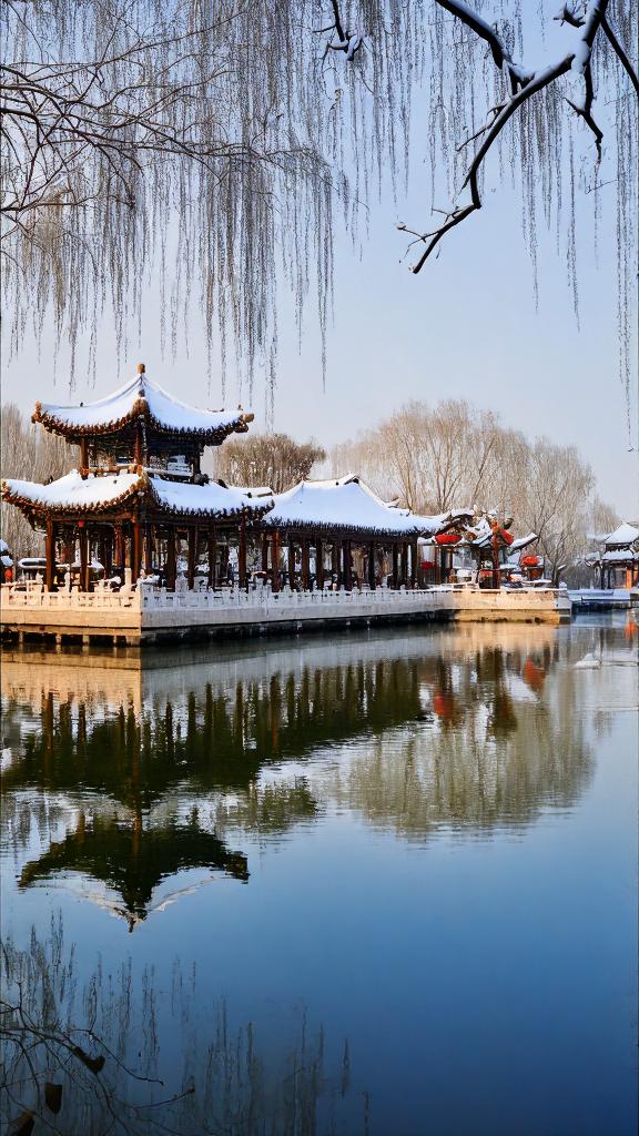 百度秋冬打卡挑战赛#大明湖雪景太美了,雪中的超然楼格外的美丽,湖边