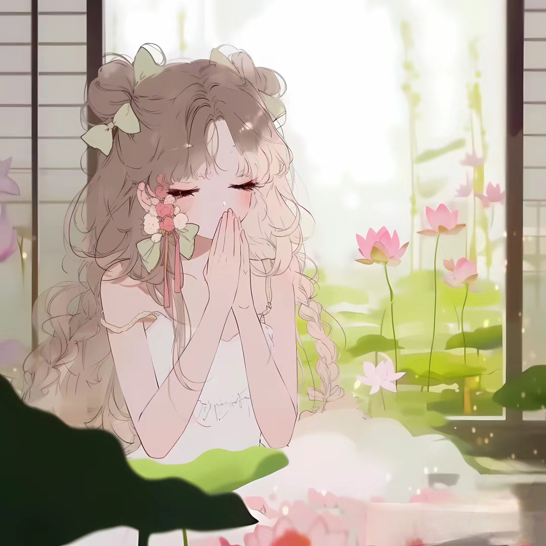 这位闭眼祈祷的美少女,被粉色花朵簇拥,仿佛置身于一个梦幻的花园之中