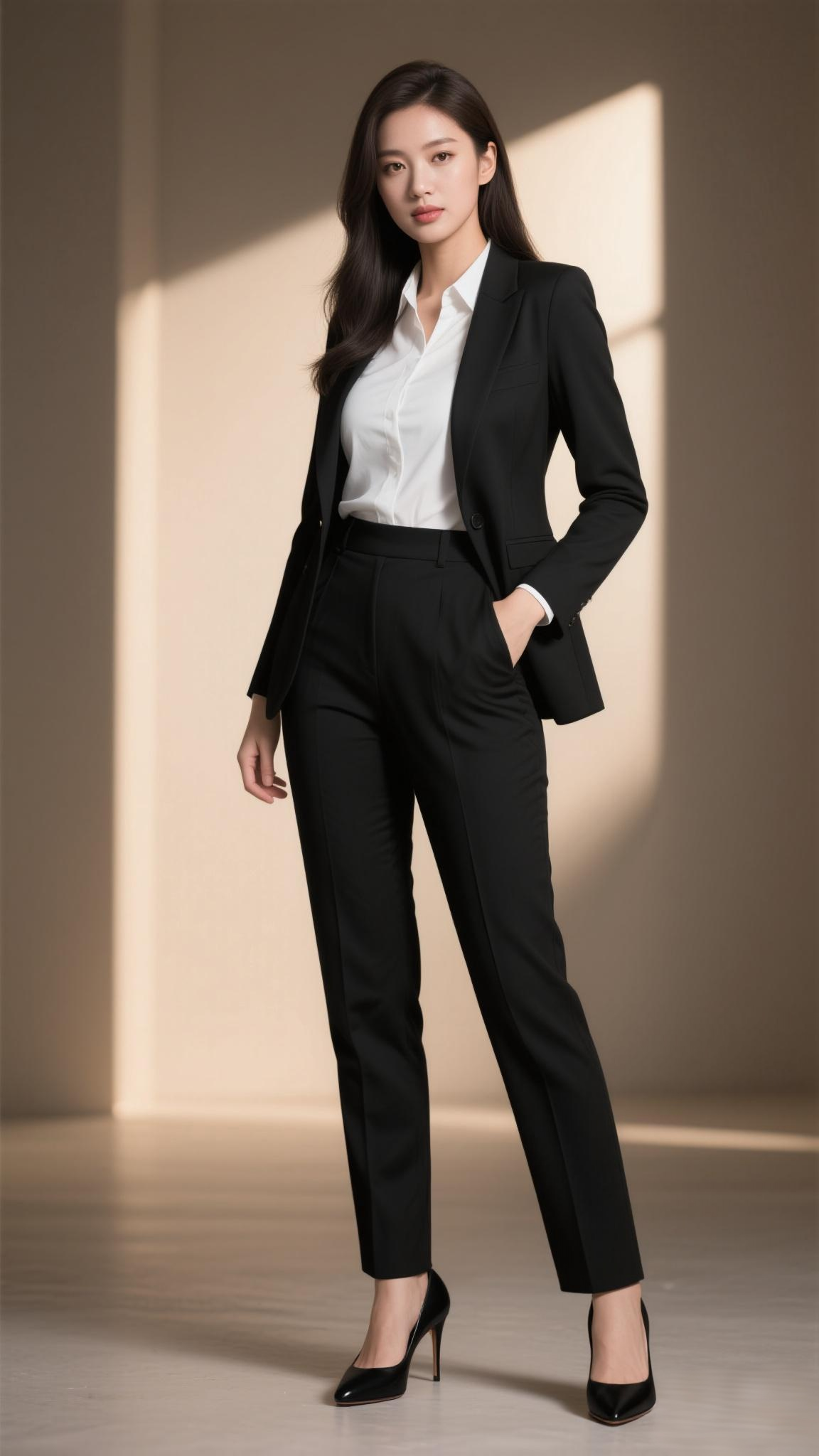 就连西装女职业装光脚穿黑色高跟鞋女生正装全身照站姿成熟女人全身照