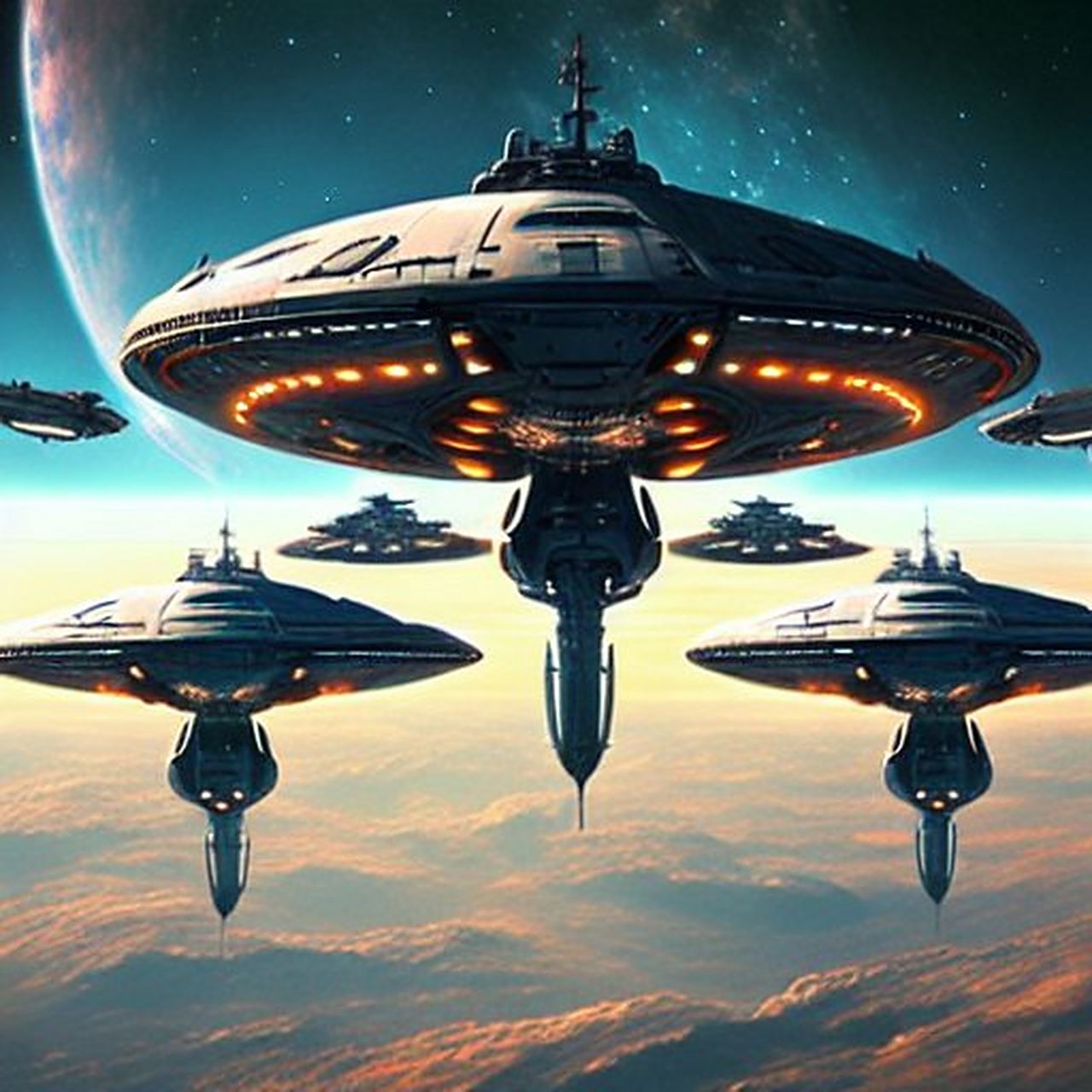 娱乐科幻片段 几百架飞碟,呈∧形战队排列,风驰电掣的驶过天空,奔赴小