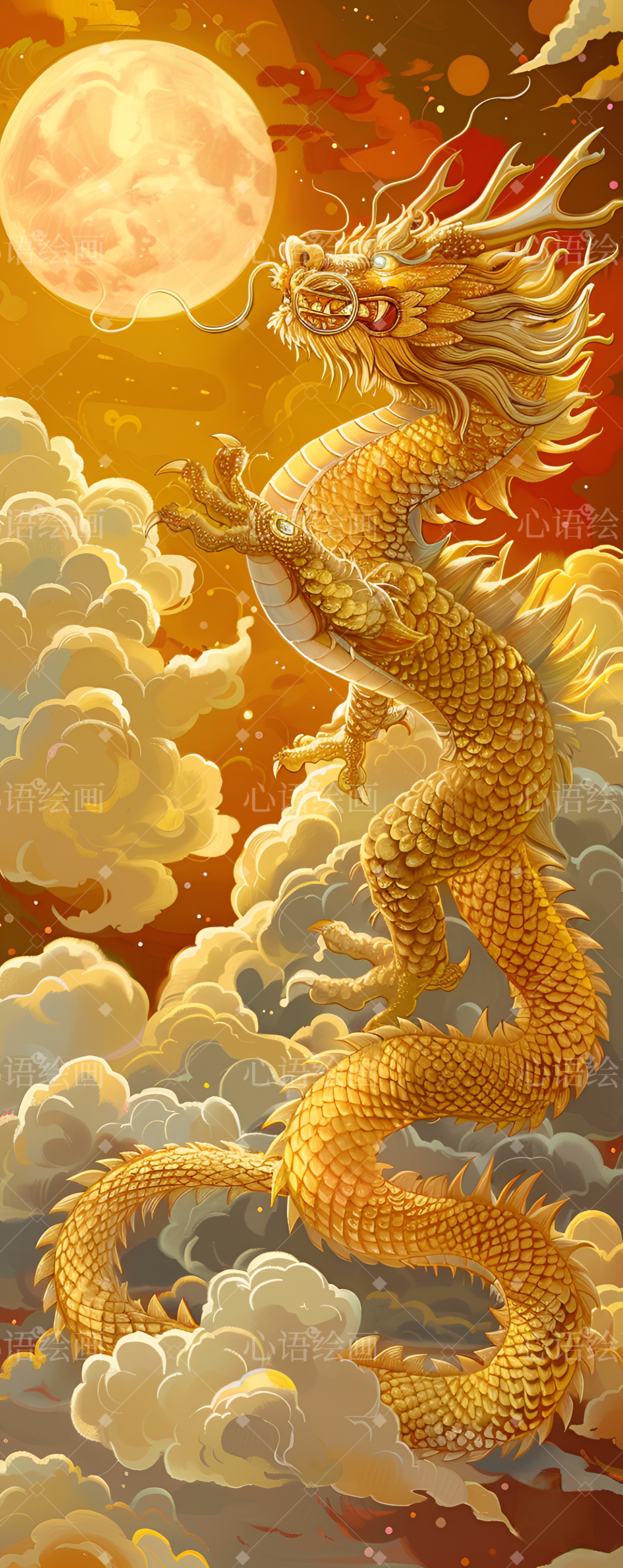 在苍穹之下,金龙盘旋而起,迎着初升的朝阳,腾云驾雾,穿越层层祥云