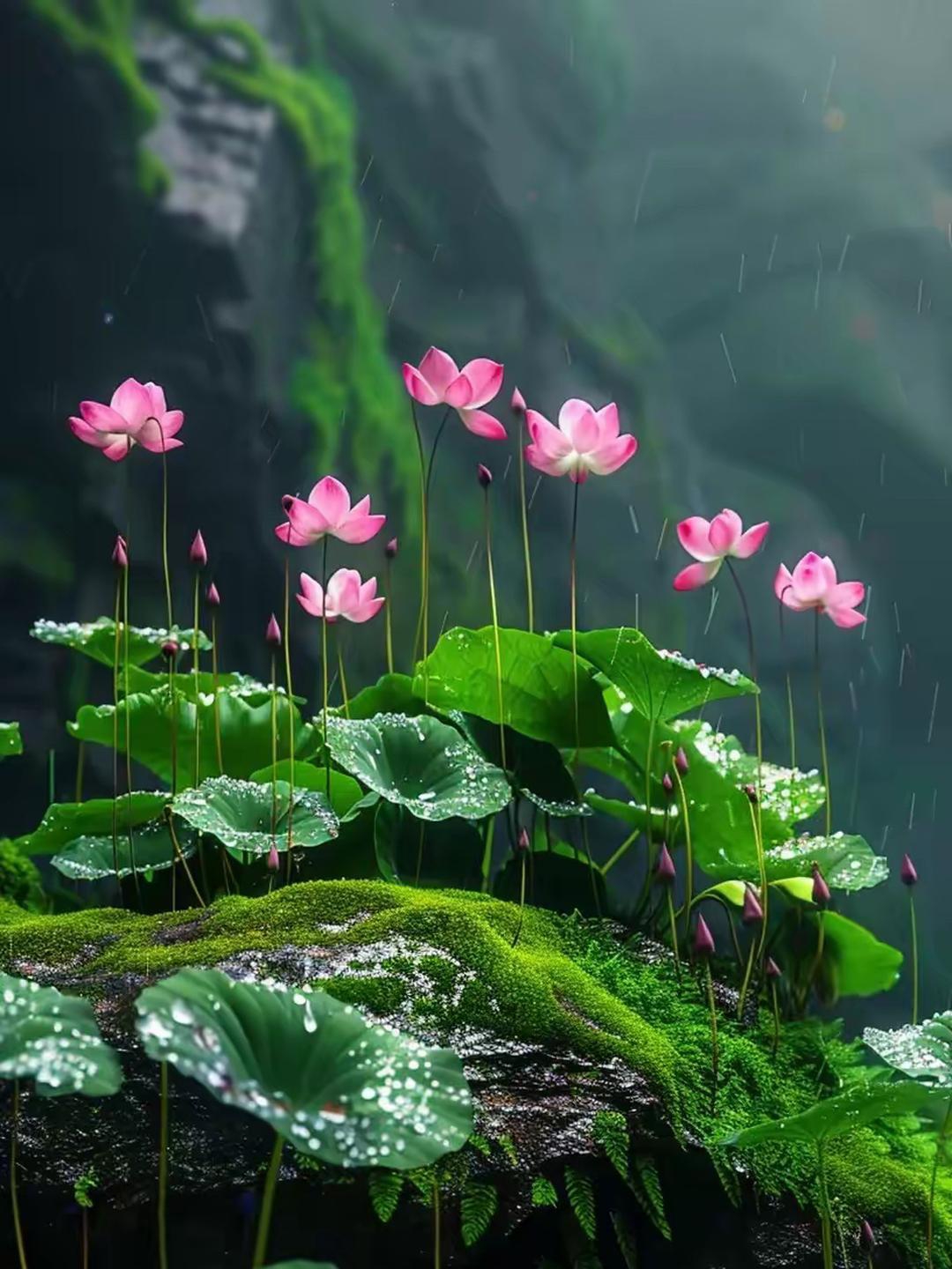 雨滴轻轻地落在荷叶上,发出清脆的声响,仿佛在为粉荷的美丽弹奏着一曲