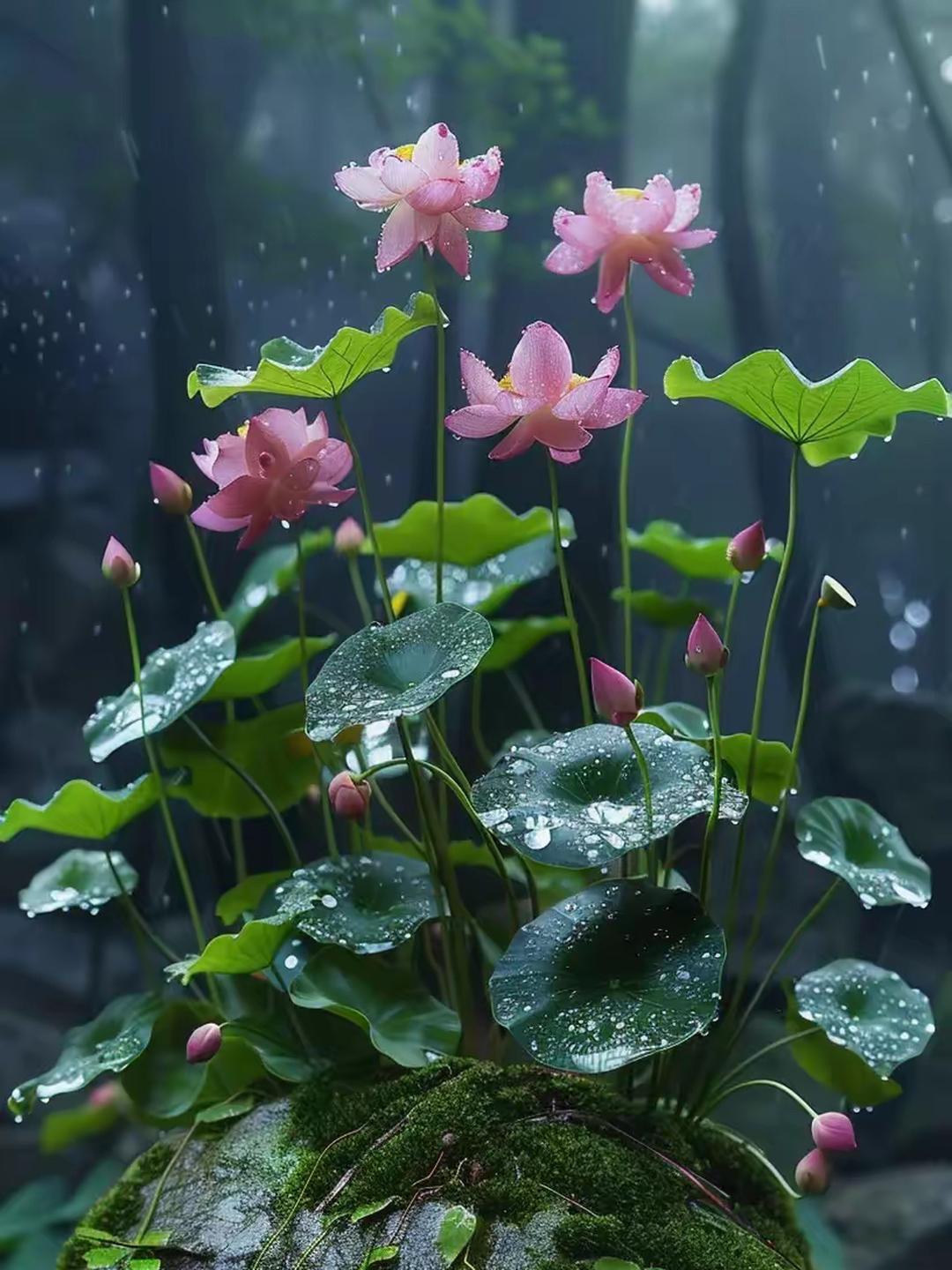 雨滴轻轻地落在荷叶上,发出清脆的声响,仿佛在为粉荷的美丽弹奏着一曲