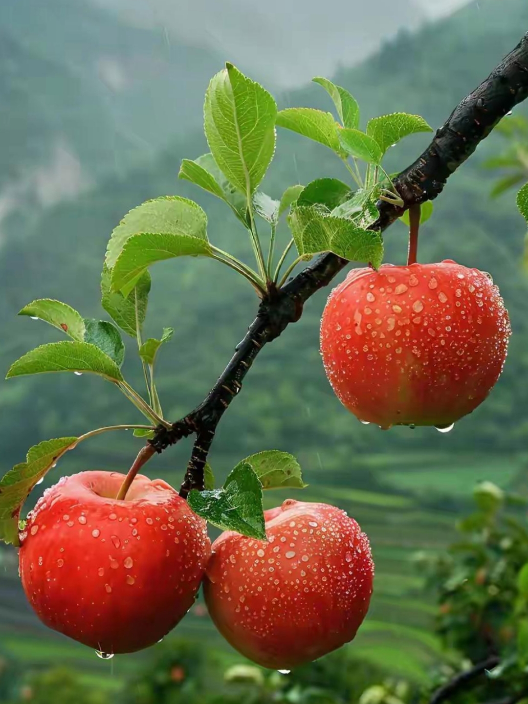 雨中的红苹果,清新又水灵,挂在树上已经成熟.