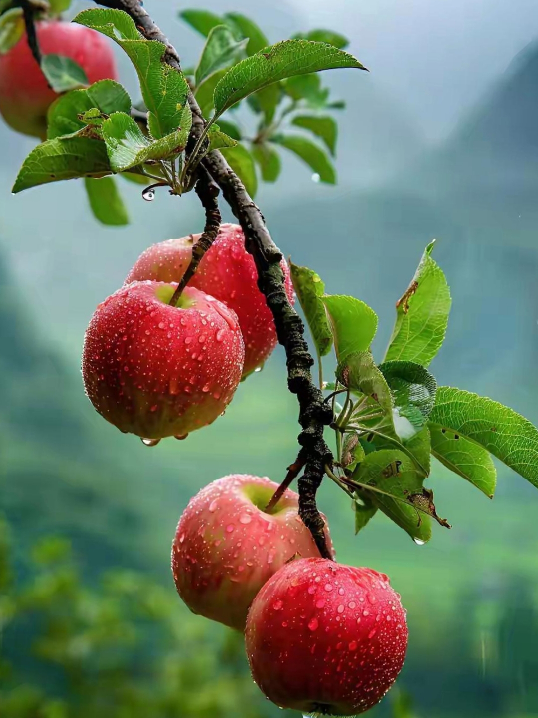 雨中的红苹果,清新又水灵,挂在树上已经成熟.