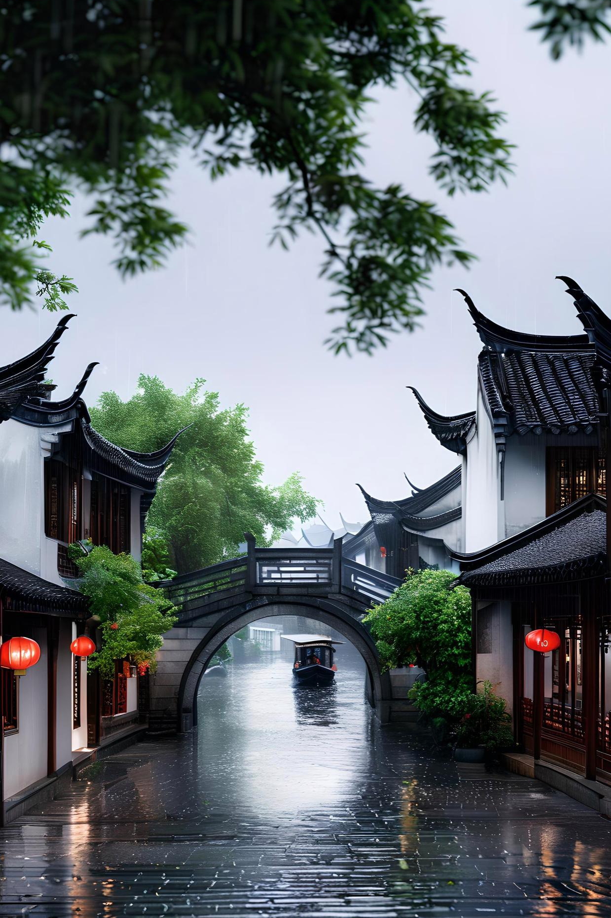 江南的水乡风光如诗如画,河水清澈见底,水面上漂泊着一只只小船;河岸