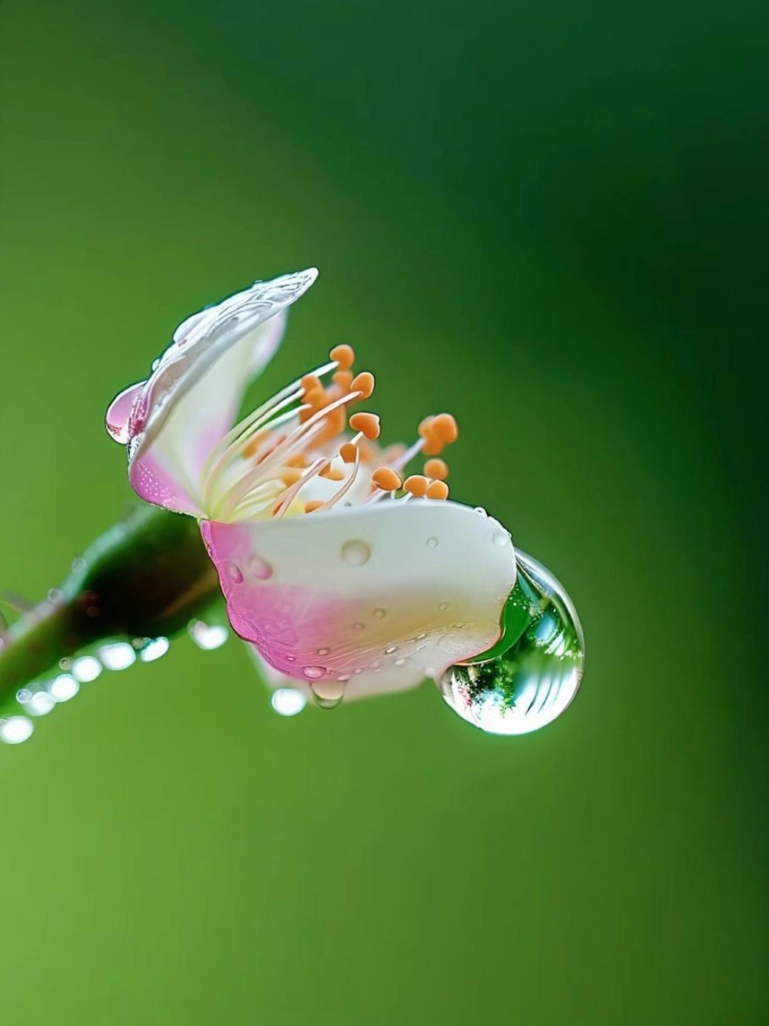 晶莹剔透的雨珠轻轻地落在娇艳欲滴的花蕊上,仿佛是大自然给予它们的