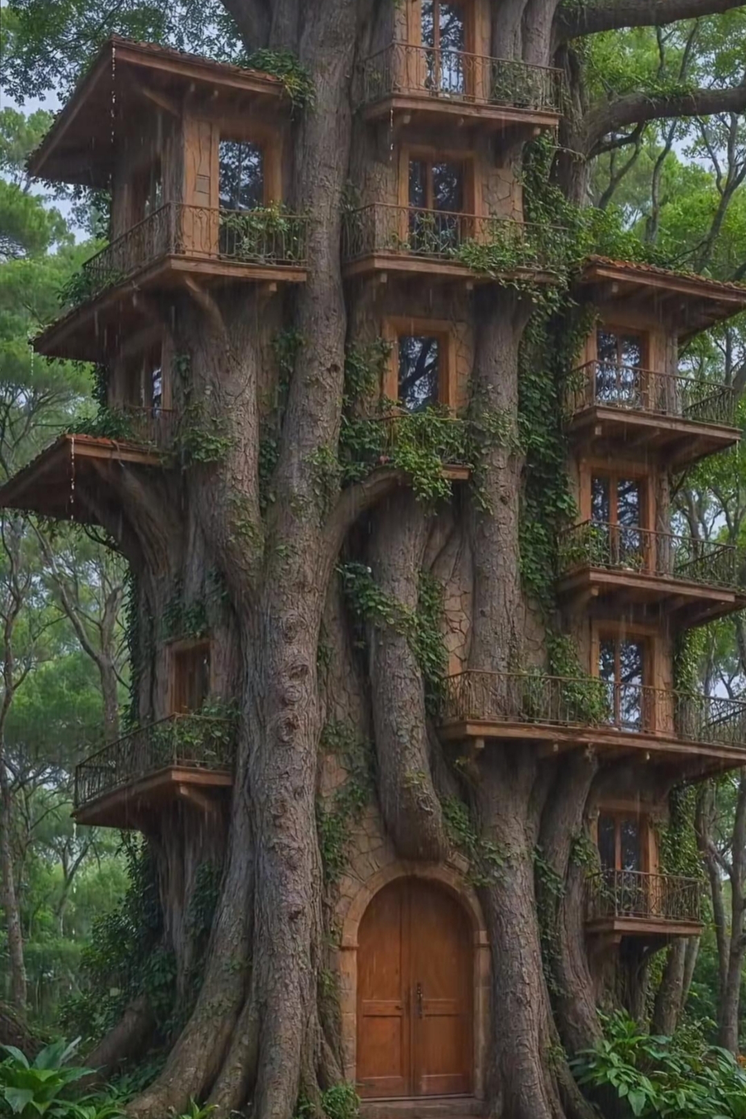 在这棵巨大的树上,巧妙地设计了许多木房子,它们仿佛是大自然与人类