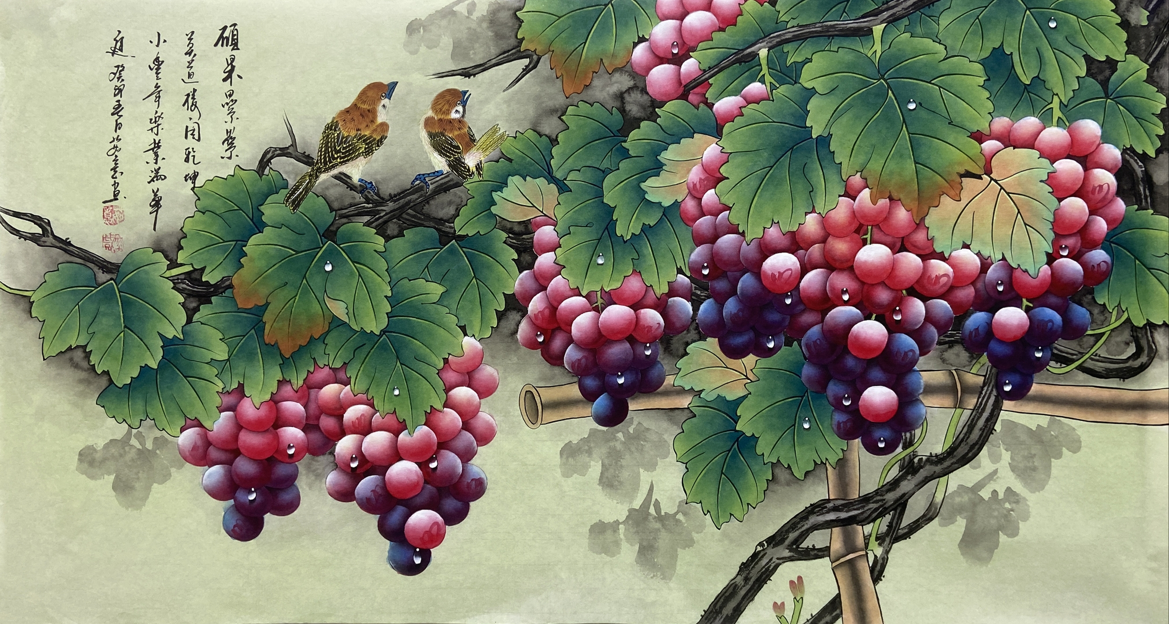 葡萄寓意多子多福,紫气东来,牡丹更是富贵吉祥的象征[期待][牛福到]