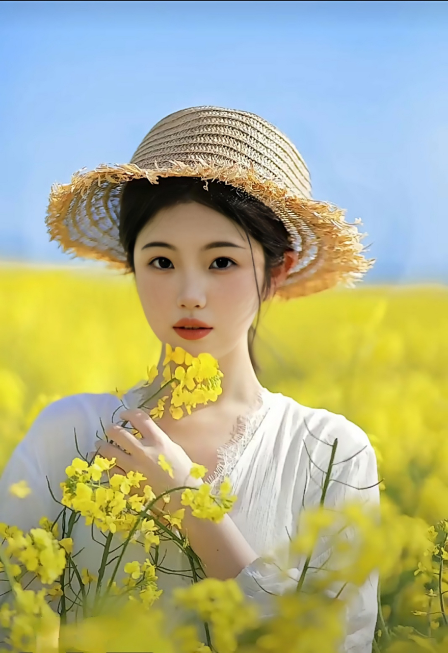 油菜花间的草帽少女  蓝天下,白云悠悠,油菜花地里,站着一位草帽女子.