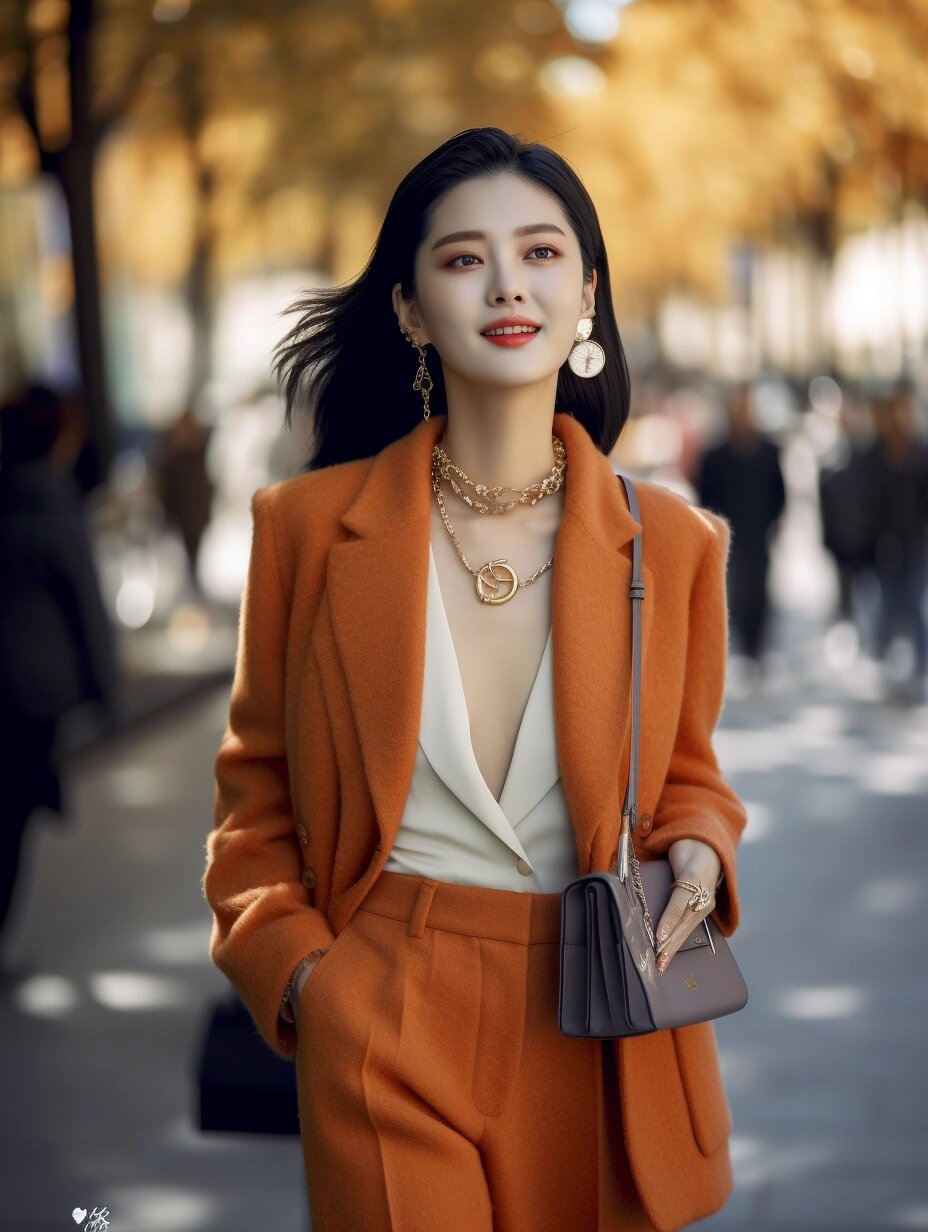 她的橙色西装外套好亮眼,搭配白色的上衣,显得更加有气质了.