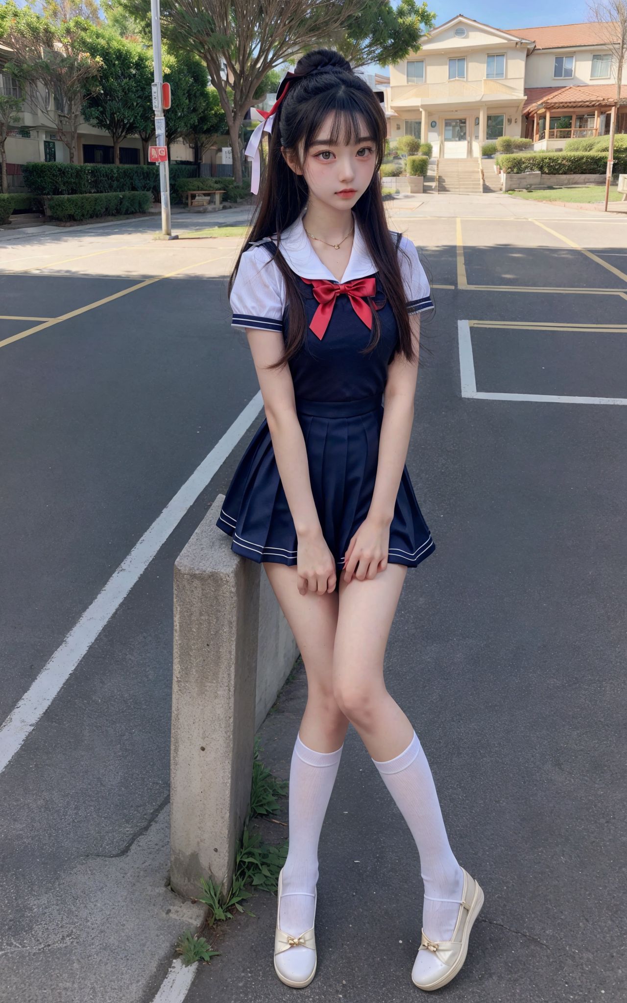 深蓝色水手服风格的连衣裙,领结和白色衬衫的点缀,简直是小清新本人了