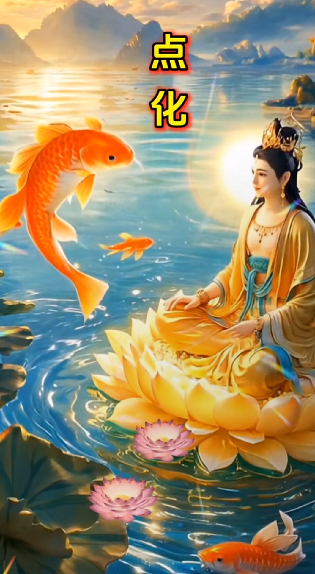 我看到了一幅画,画中菩萨坐在莲花上,金鱼在她身边游来游去,好一幅