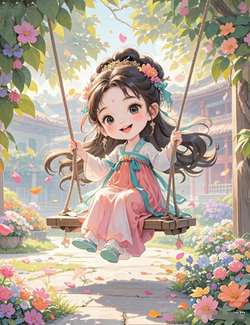 春日花园里,荡秋千的小女孩,笑颜如花般绽放
