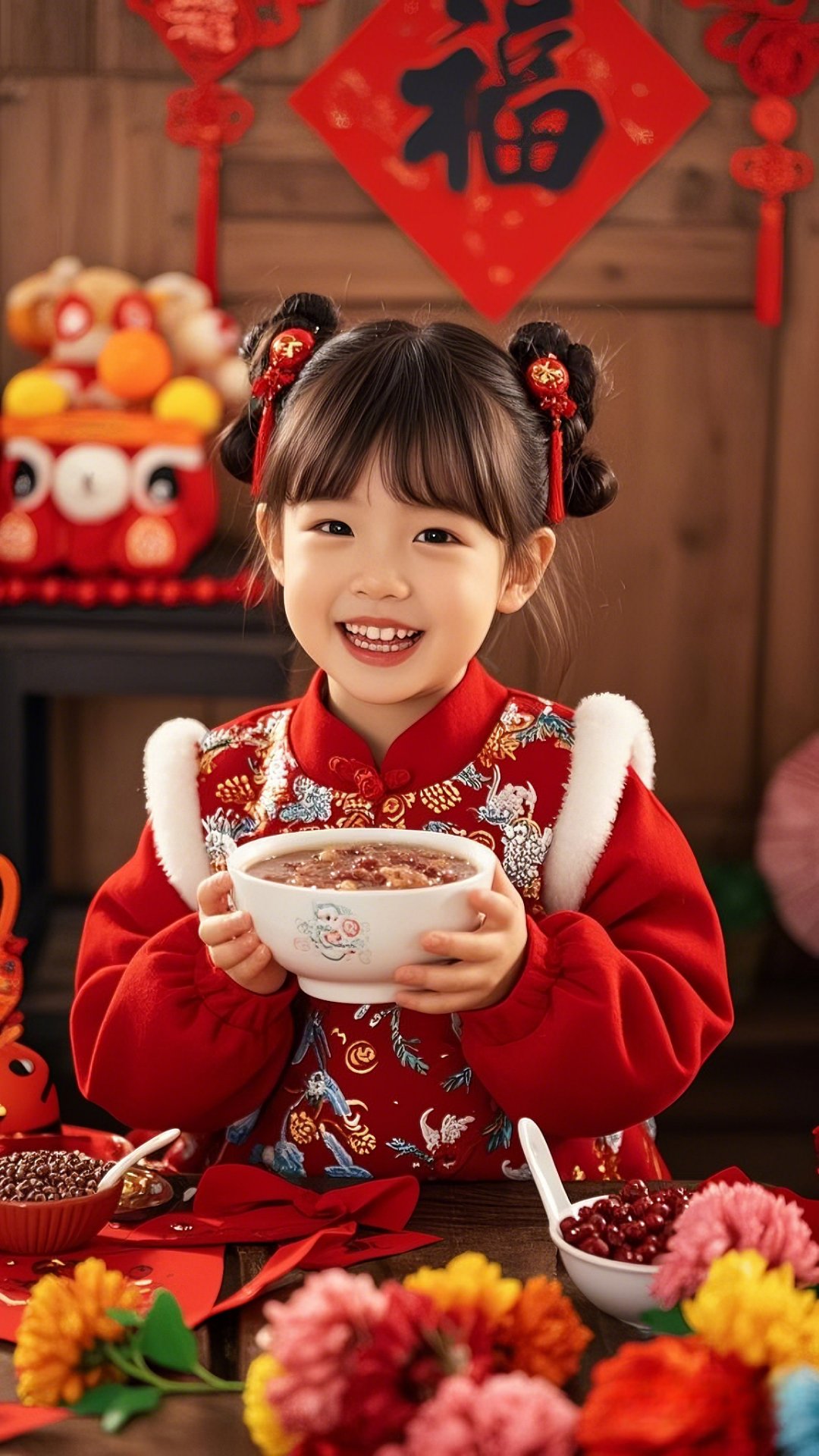 瞧,可爱的小女孩身着喜庆红衣,梳着俏皮的发髻,手捧一碗热气腾腾的