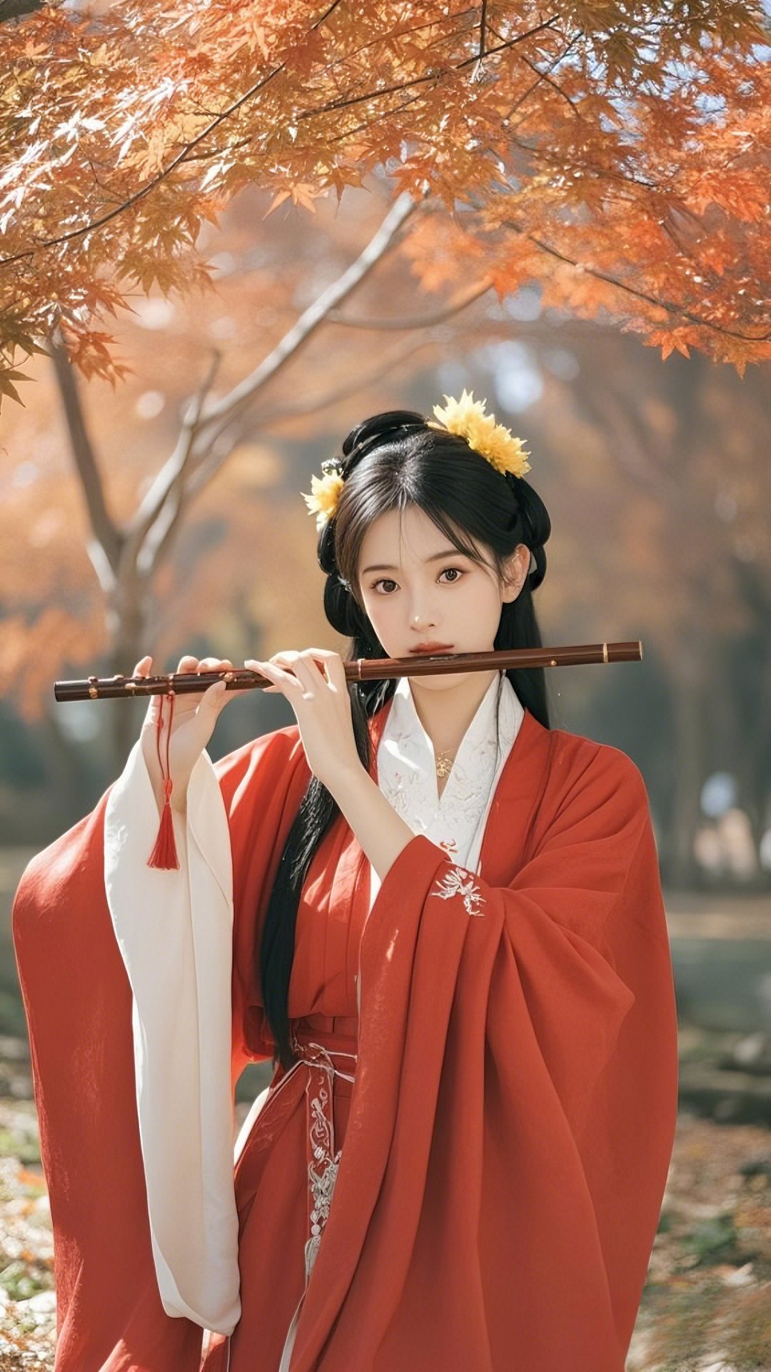 秋风起,红衣女子古风笛声悠扬,穿越时空的旋律,寻找共鸣的你