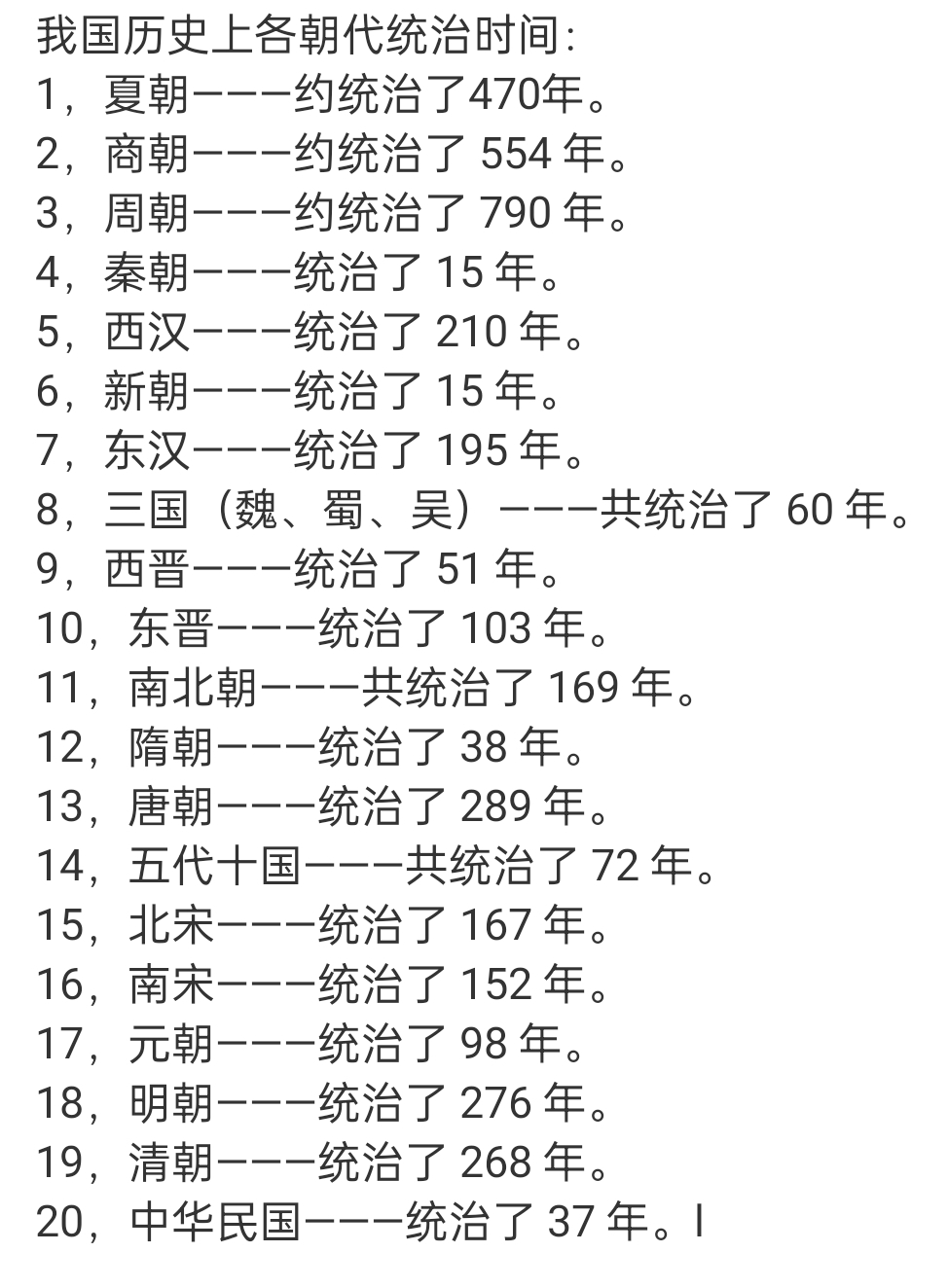 我国历史上各朝代统治时间