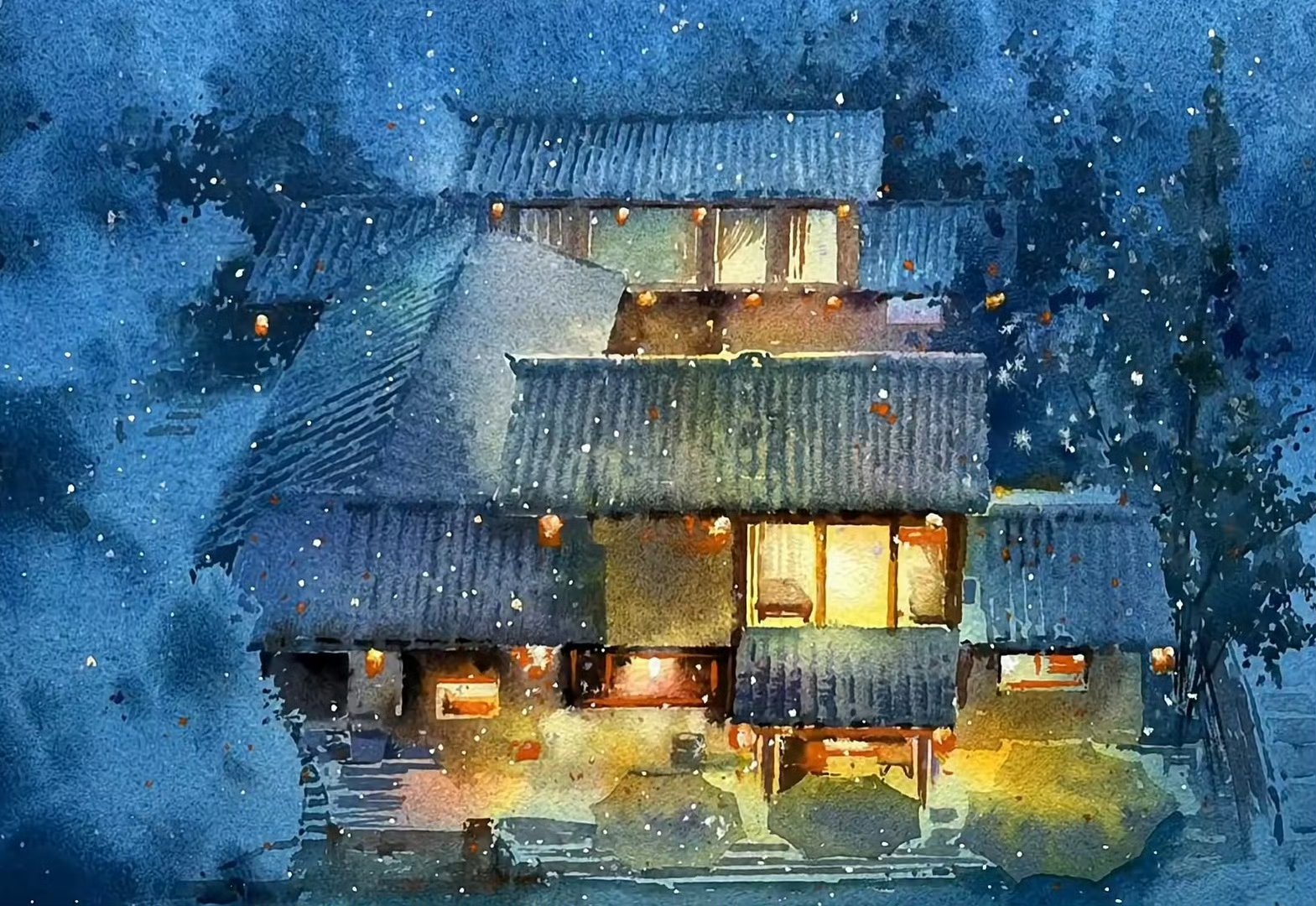 "  国风水彩夜色