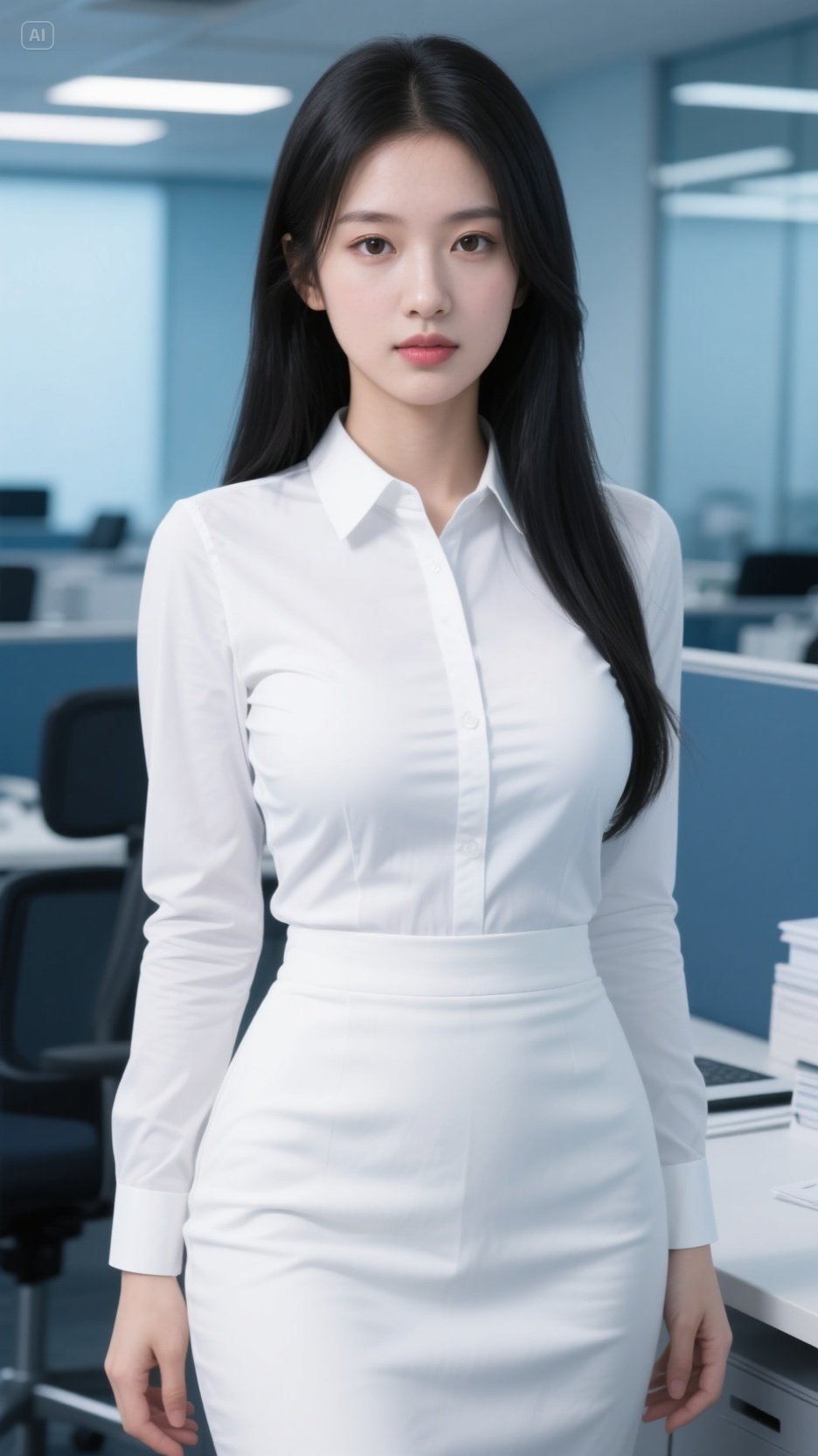 办公室里的气质女神,一袭白裙优雅迷人