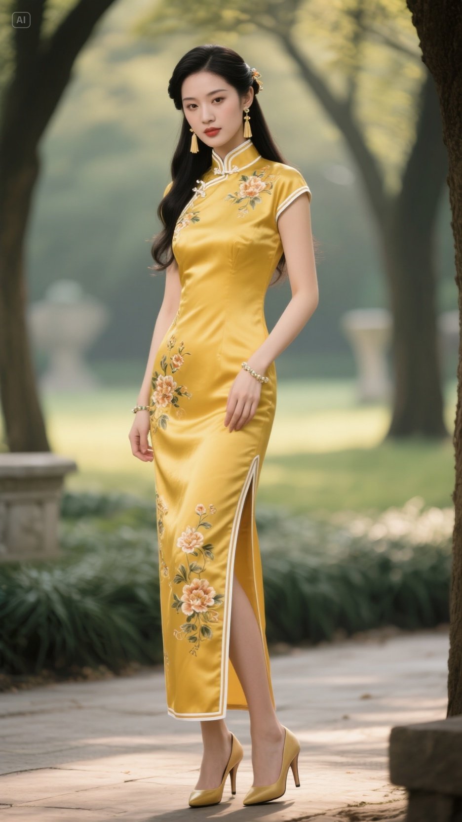 漫步公园的优雅女士,身着华丽黄裙,高雅气质尽显