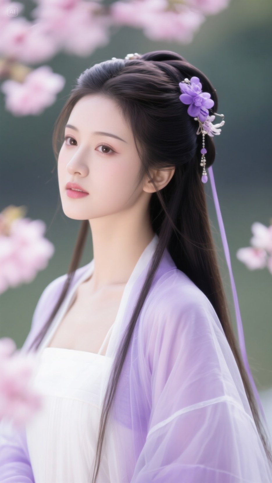 樱花树下,紫衣少女,清新脱俗,宛如画中人