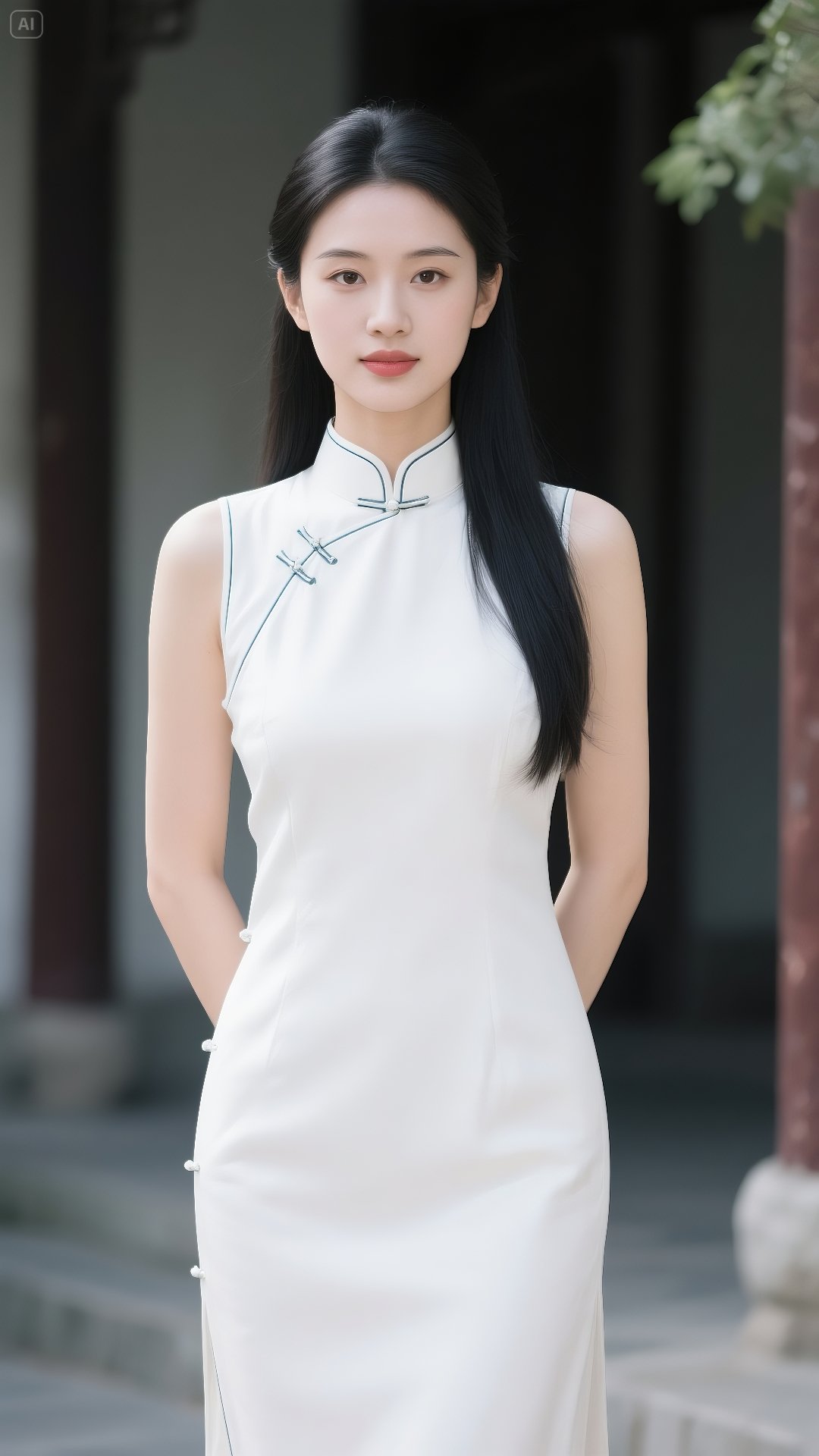 捕捉到一位古典美人,身着优雅旗袍,站在古色古香的庭院中,仿佛时光静