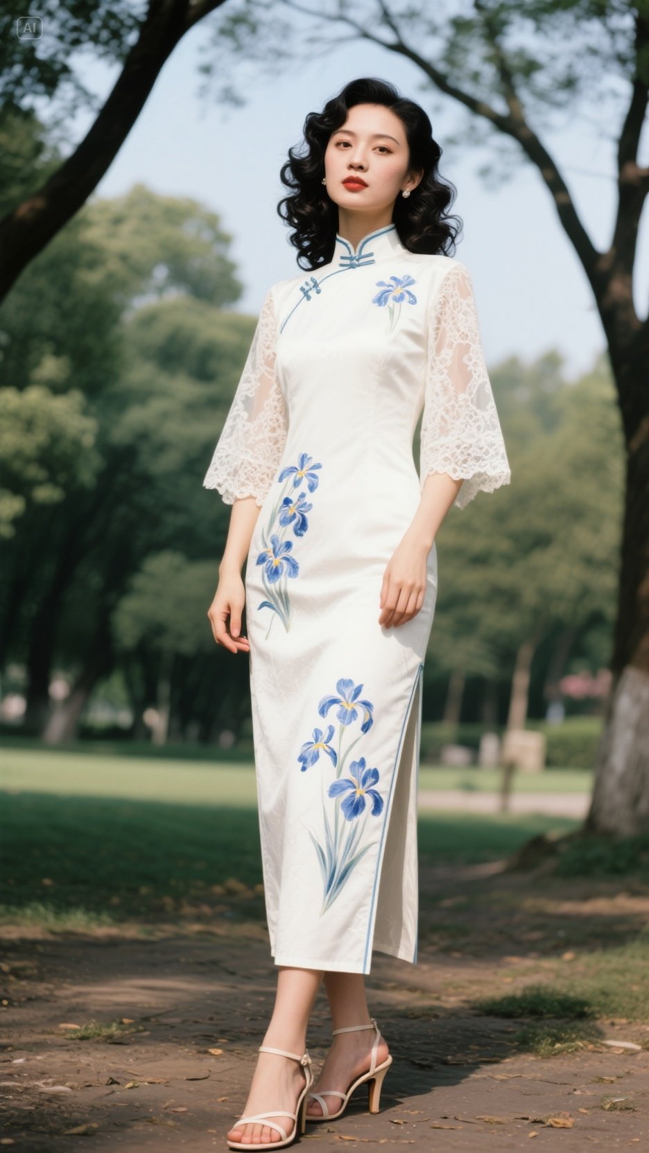 漫步公园的优雅女士,传统与现代的完美结合,展现旗袍的独特魅力