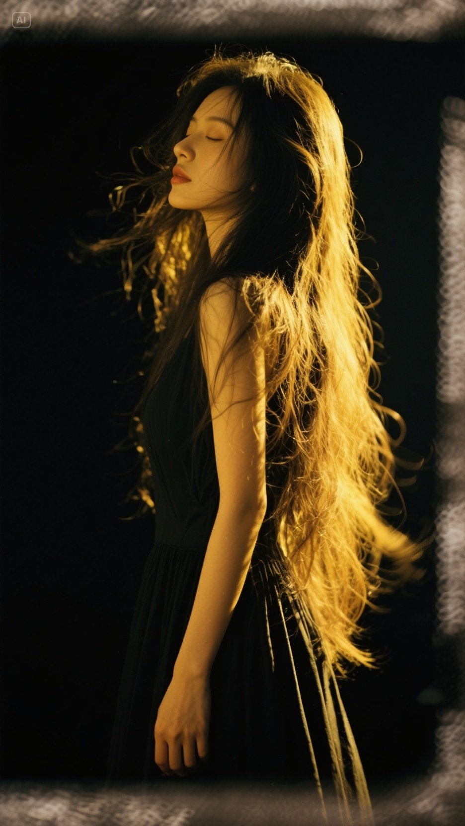 到一位穿着黄色连衣裙的女士,在黑色背景下显得格外突出,她似乎在沉思
