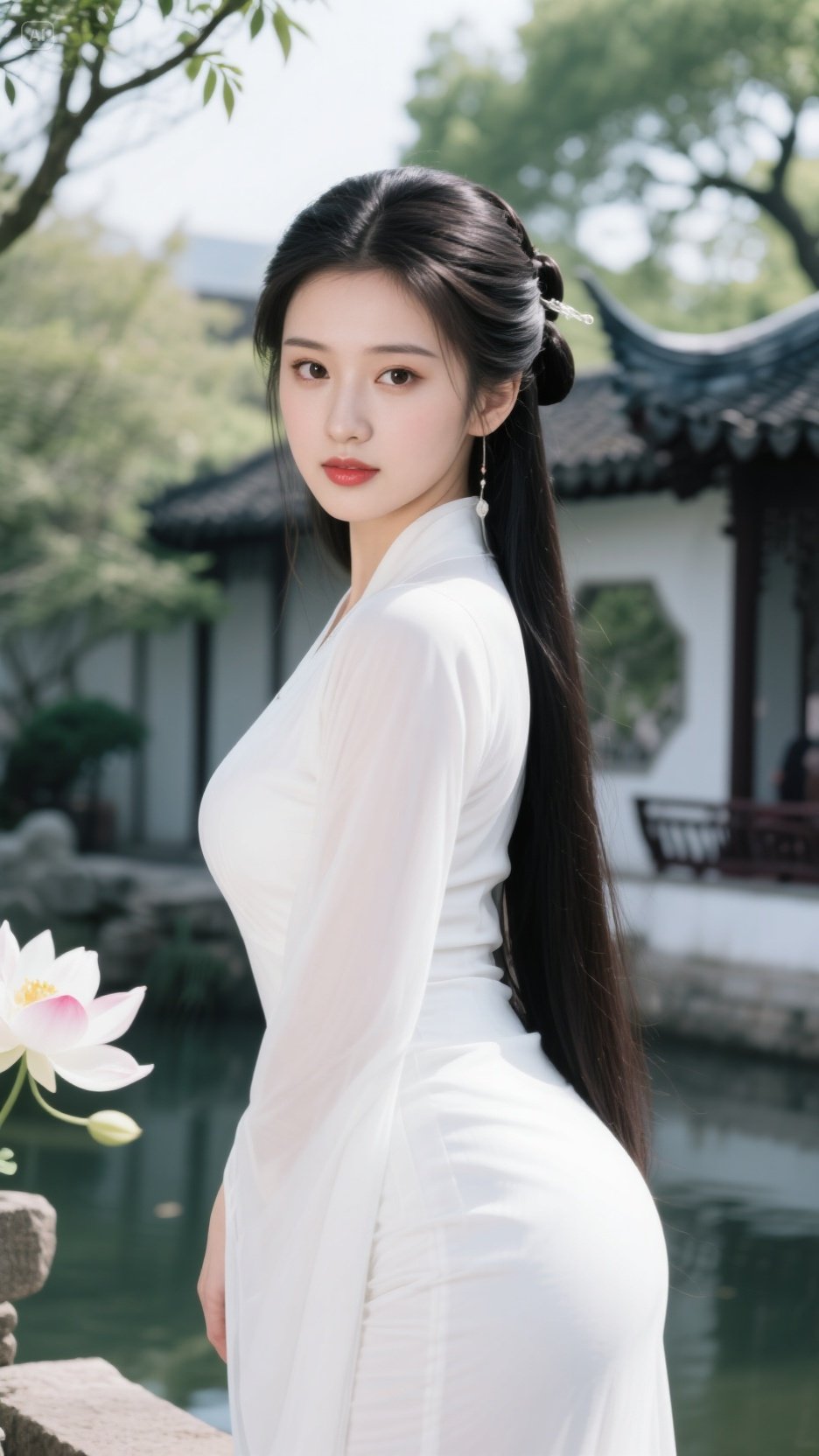 今日份古风美人,亭台楼阁间,一袭白衣飘飘,宛如画中仙