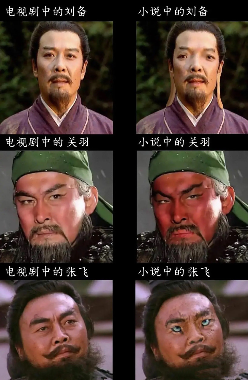 关羽:面如重枣,唇若涂脂;丹凤眼,卧蚕眉,相貌堂堂,威风凛凛.