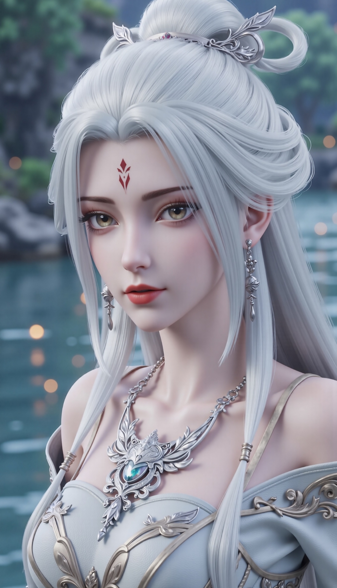 "她站在窗边,轻风吹起她的长发,湖光山色映衬着她