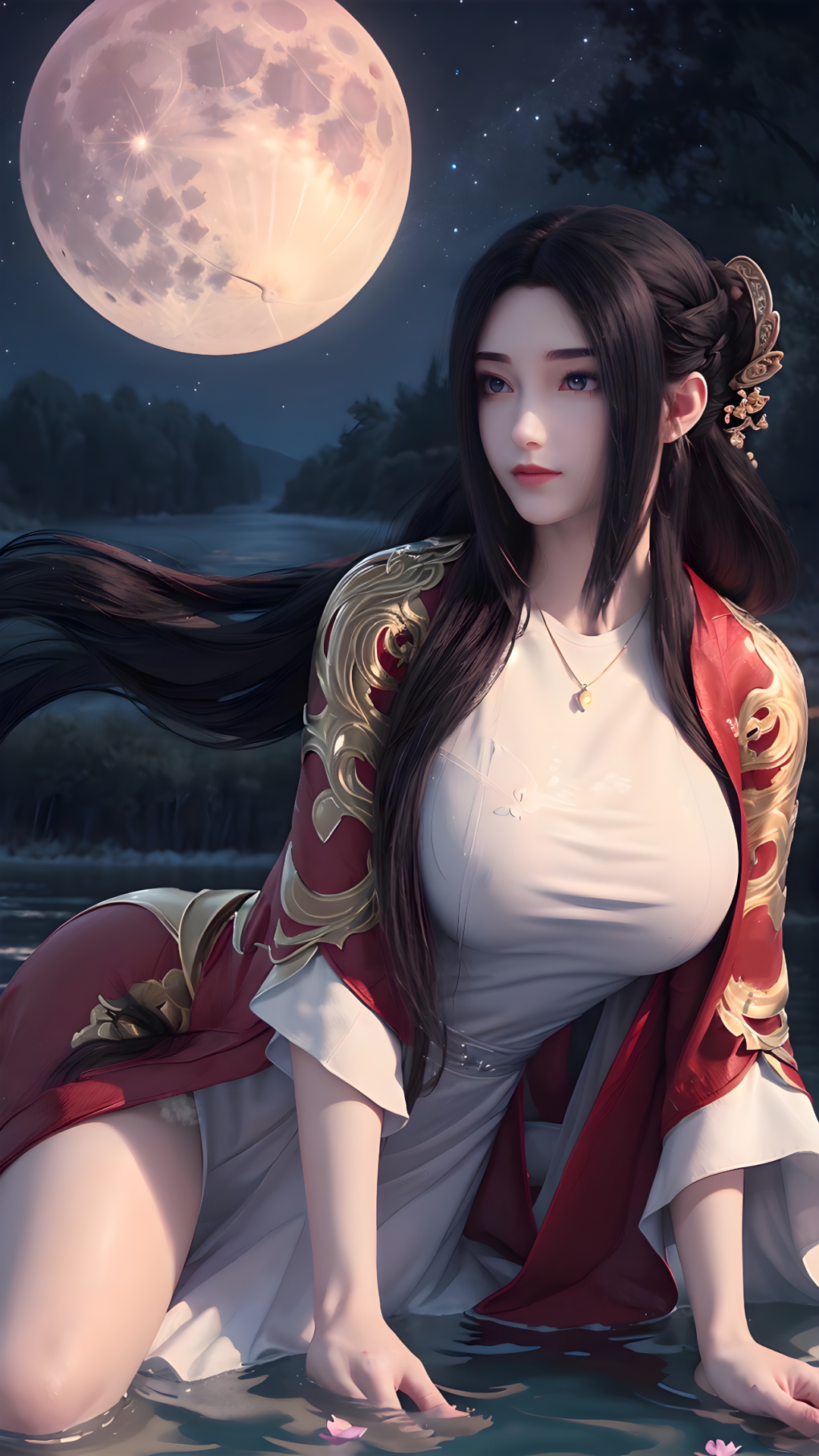 国漫女神"21" 满月见证,花影摇曳,她自水中来,带着不染尘世的仙气.