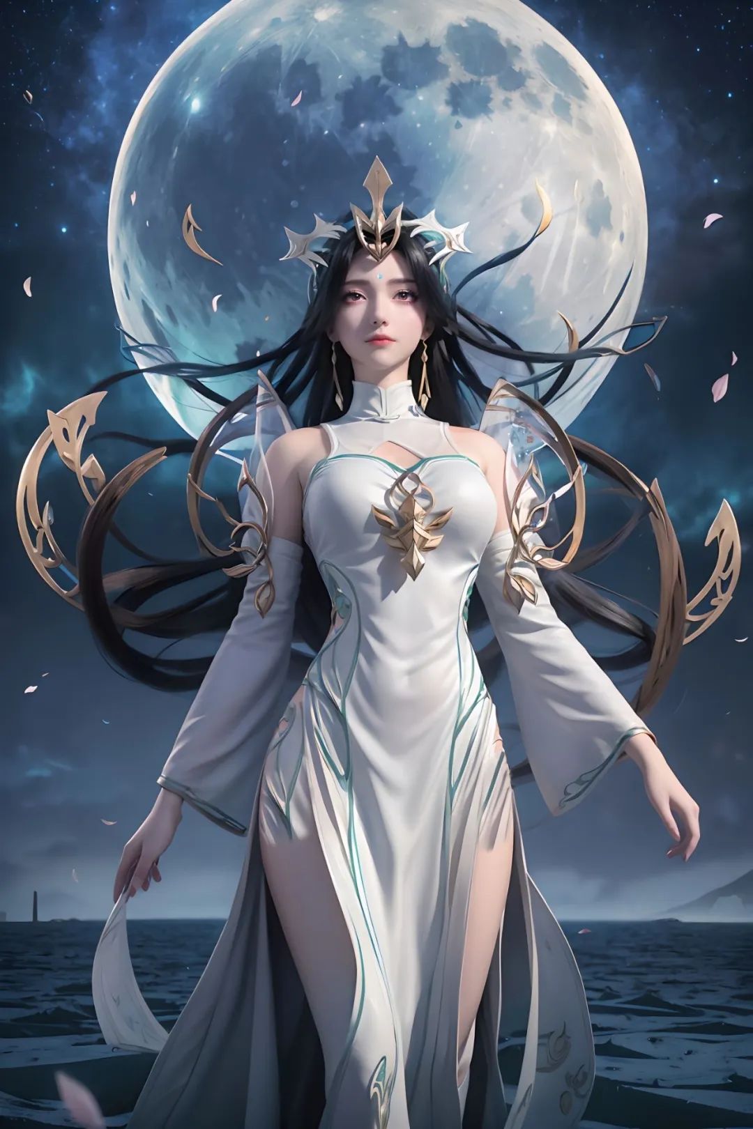 柳神在月影之下,她如夜之女王般婀娜多姿,黑色的长发如瀑布般流淌