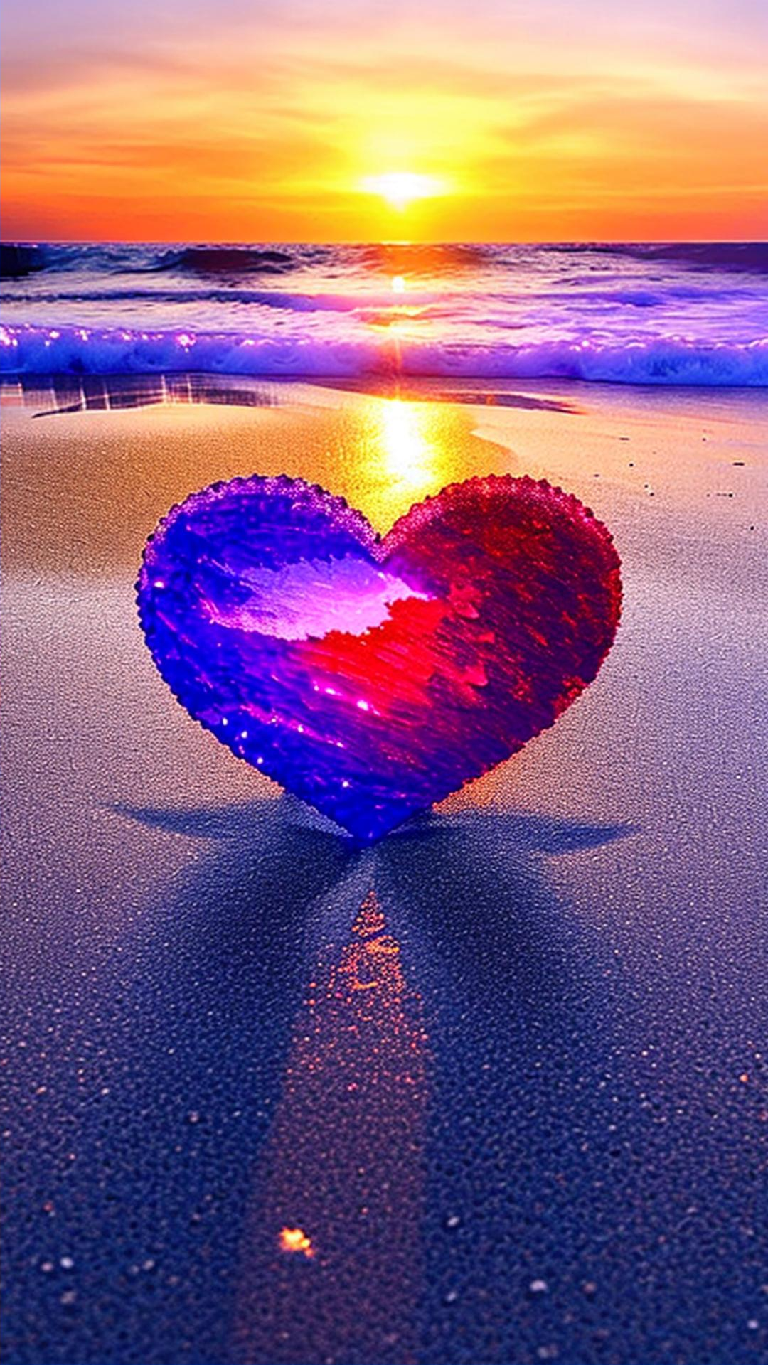 在这个夕阳西下的时刻, 一颗璀璨的爱心钻石落在沙滩上, 波光粼粼的