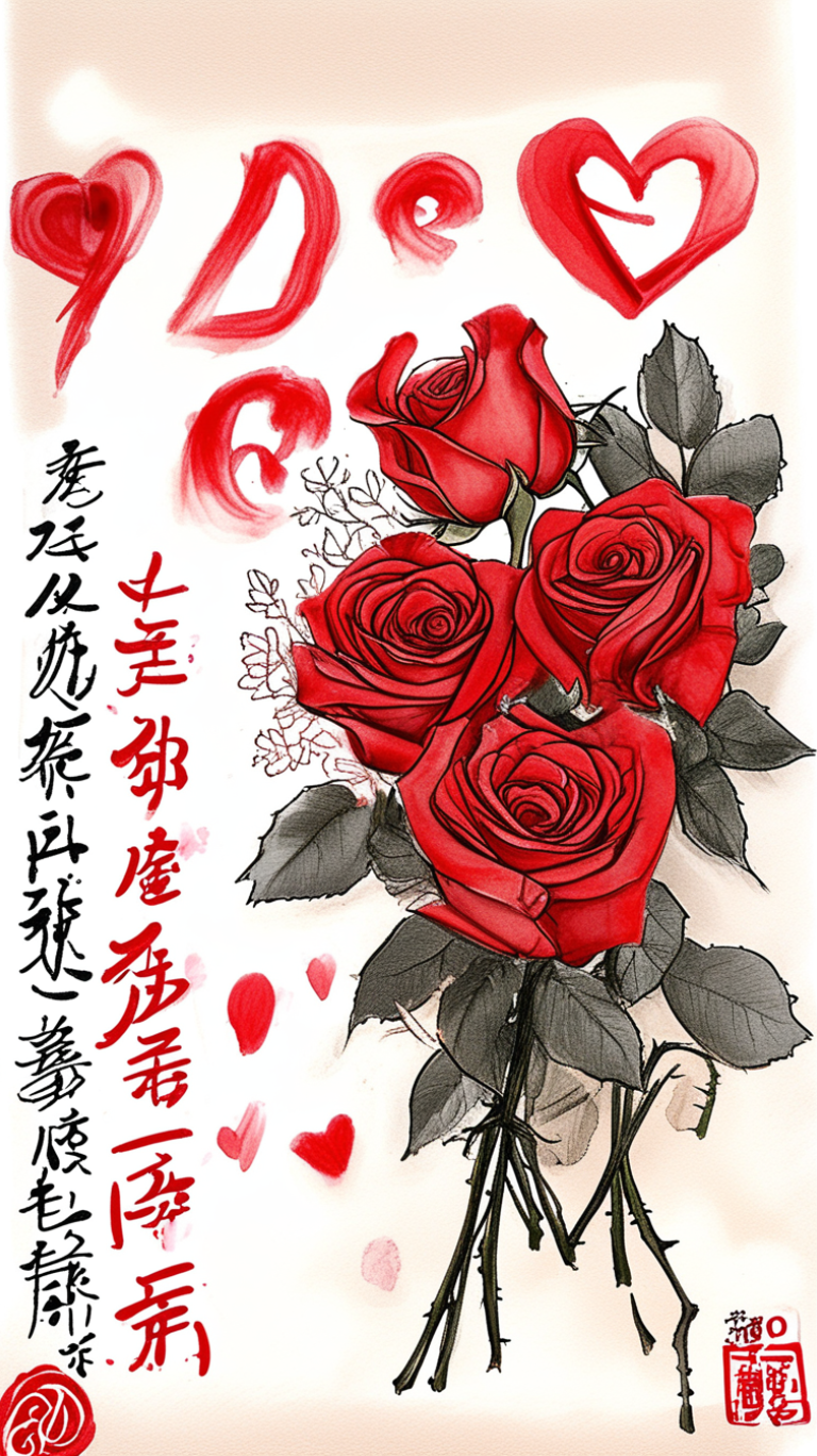 渐变红玫瑰水墨画,幸福满满溢心间  哇塞!