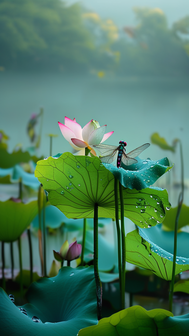 晨光熹微中,蜻蜓轻舞于莲花间,清新自然,宁静致远.#我要上热门