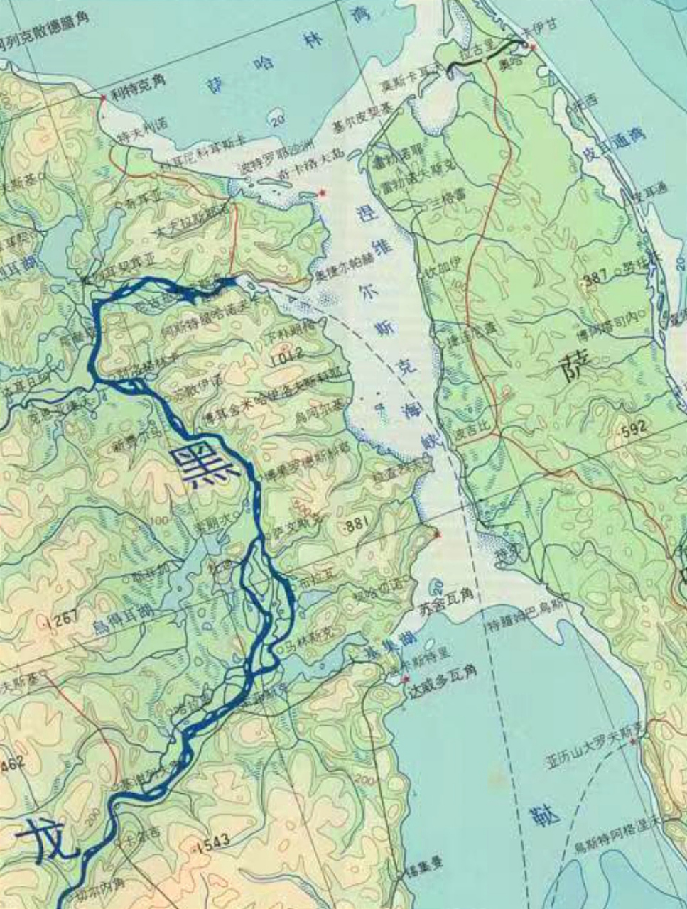 黑龙江下游地形及入海口, 入海口位于鞑靼海峡北端, 故土外东北和