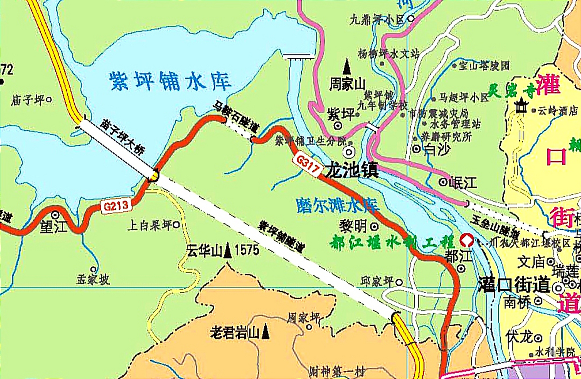 都江堰附近地图 在岷江上游修建紫坪铺水库之后, 都江堰实际上失去了