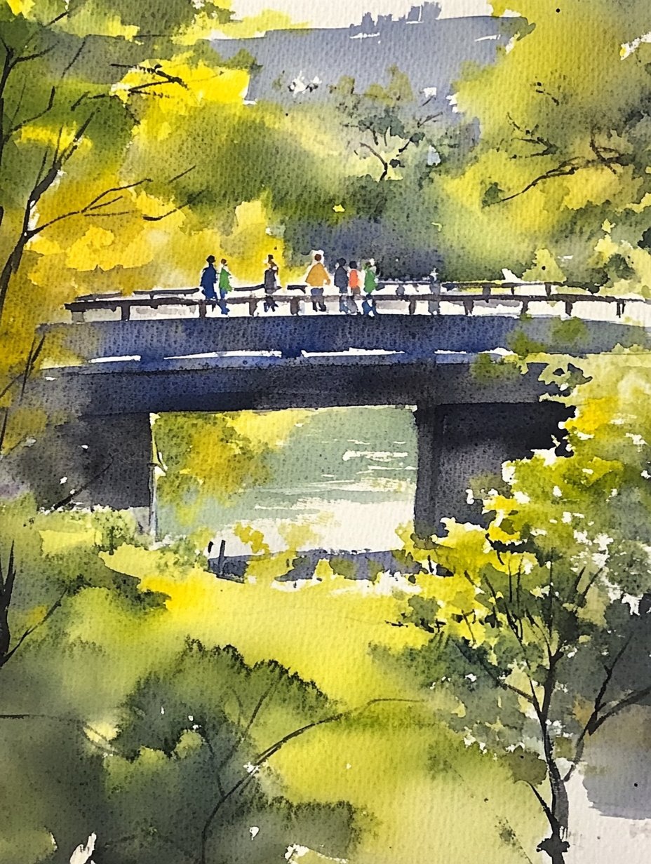 … 画桥横跨碧波间,翠影葱茏映日鲜