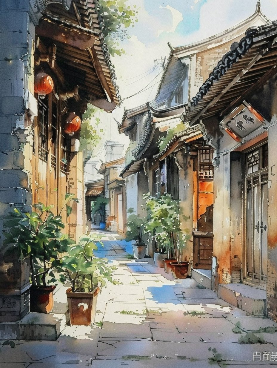 朱盆翠影添幽趣,旧牖藤萝绕古墙. 檐下灯笼悬绮梦,阶前石径诉沧桑