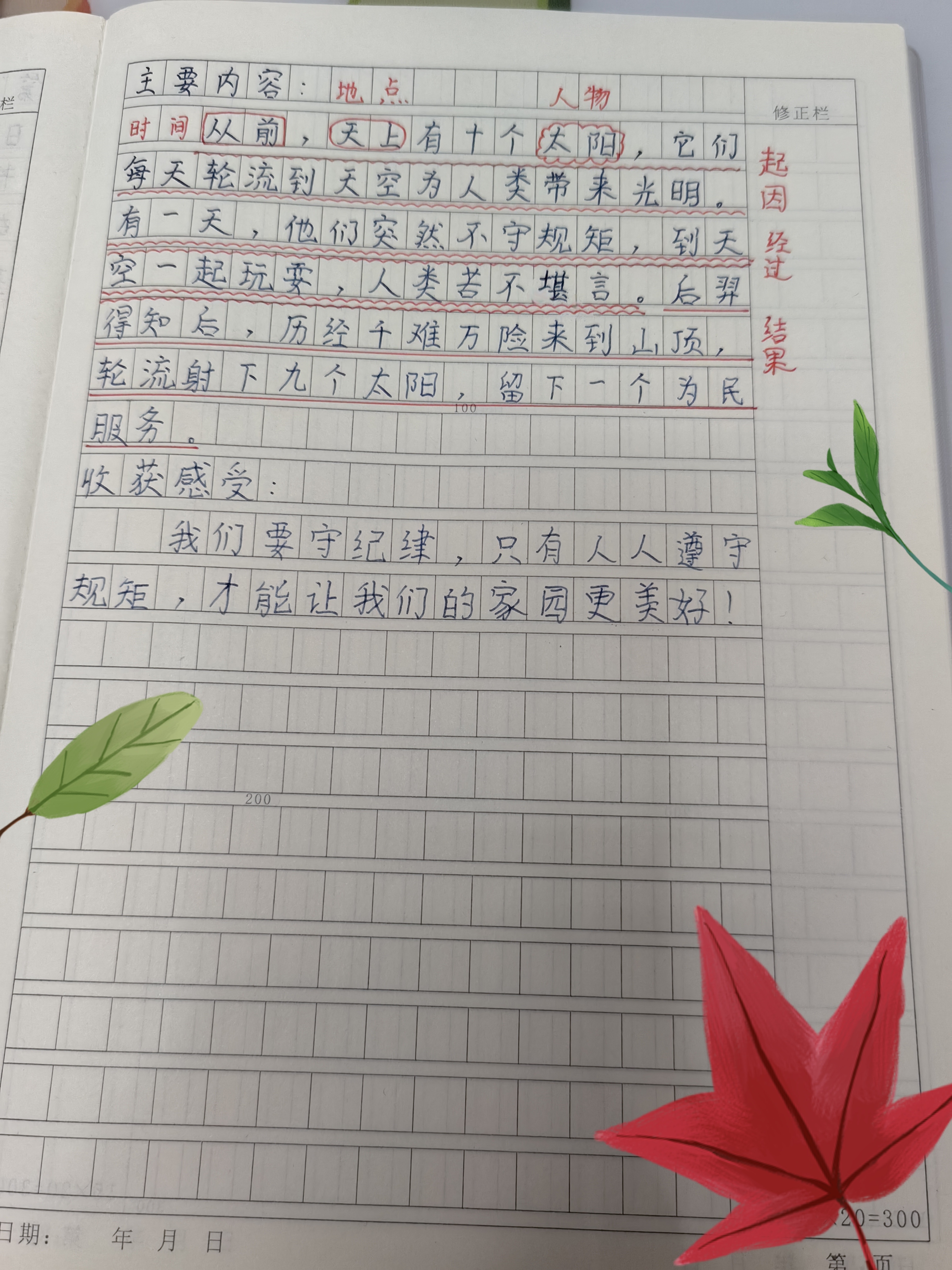 后羿射日主要内容(含六要素)及收获感受(=^･^=)