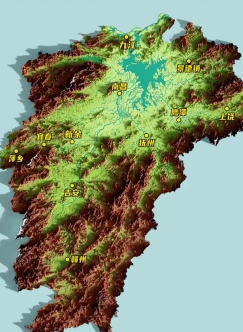 从江西的地形图可以看出,江西省的11个地级市中,省会南昌堪称"