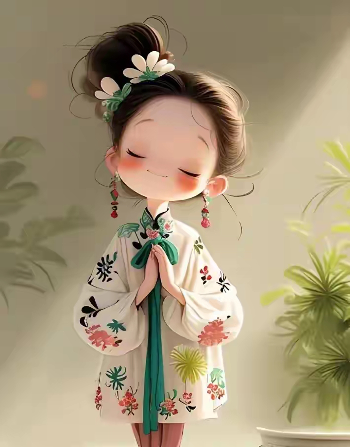 这幅画中的小女孩身穿传统服饰,头戴花朵,正虔诚地祈祷,画面温馨而