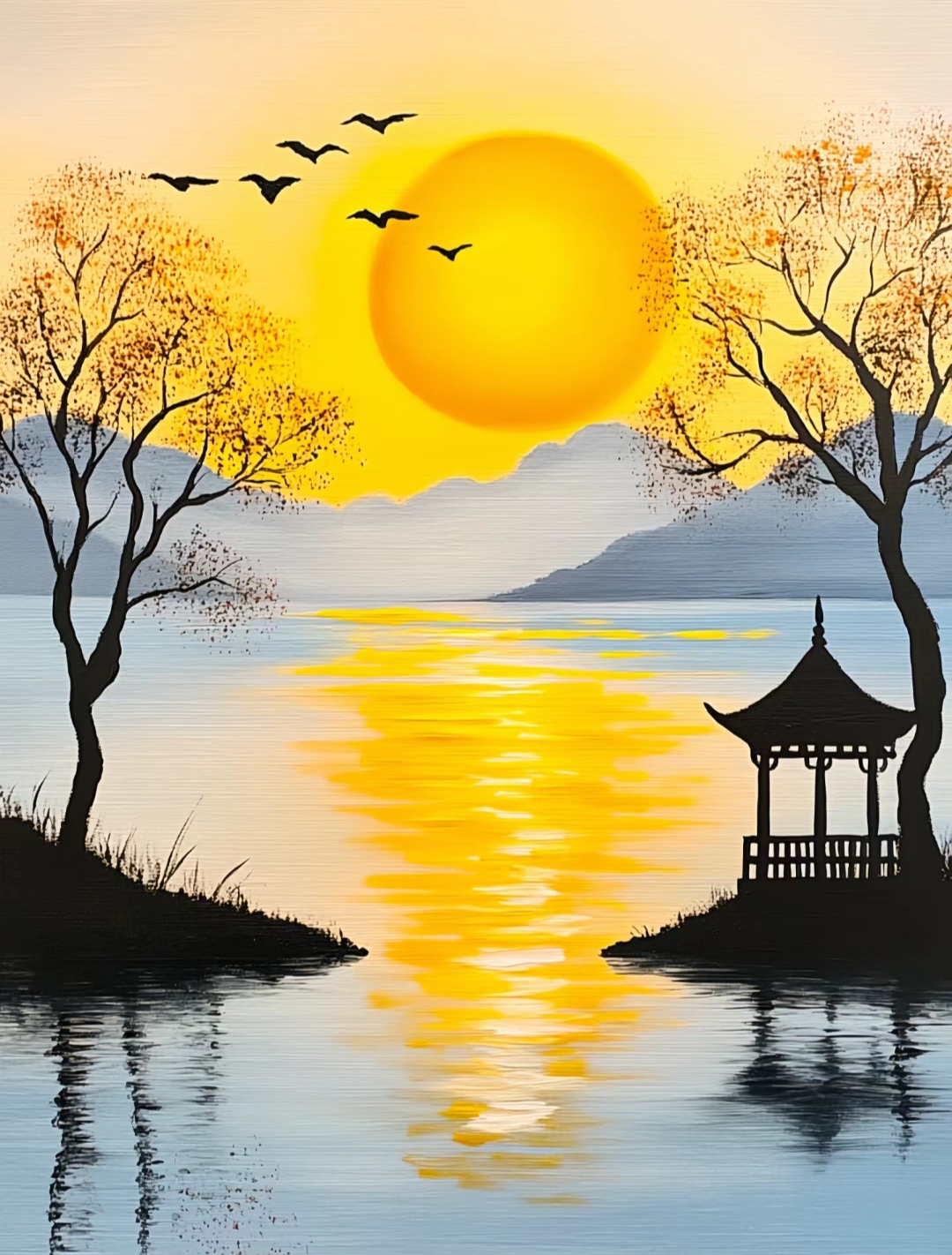 中国风日出和湖泊水墨画图片找风景画上红左青右白下黑中黄的风景图片