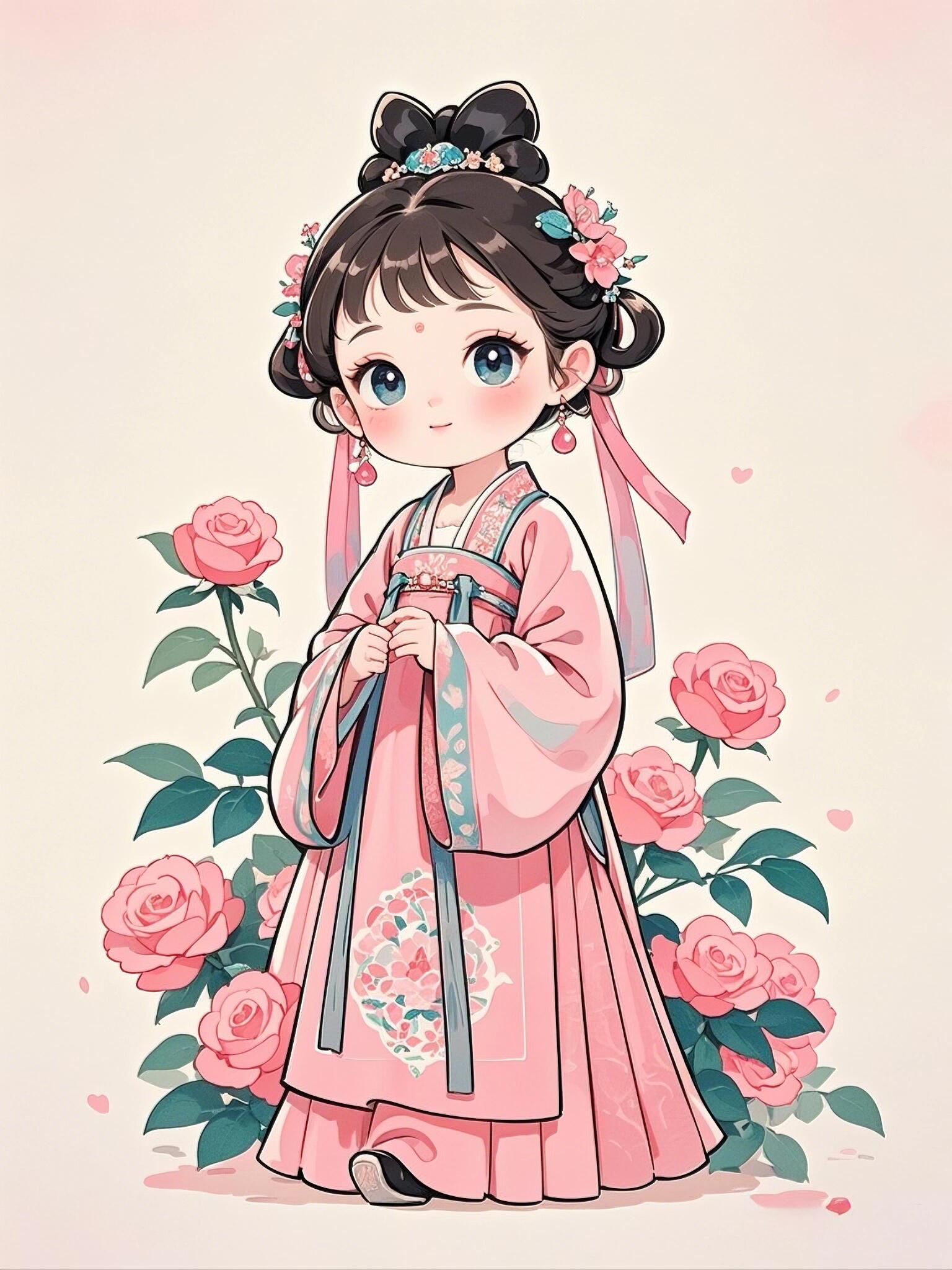 这幅画中的小姑娘穿着传统服饰,头戴花饰,站在玫